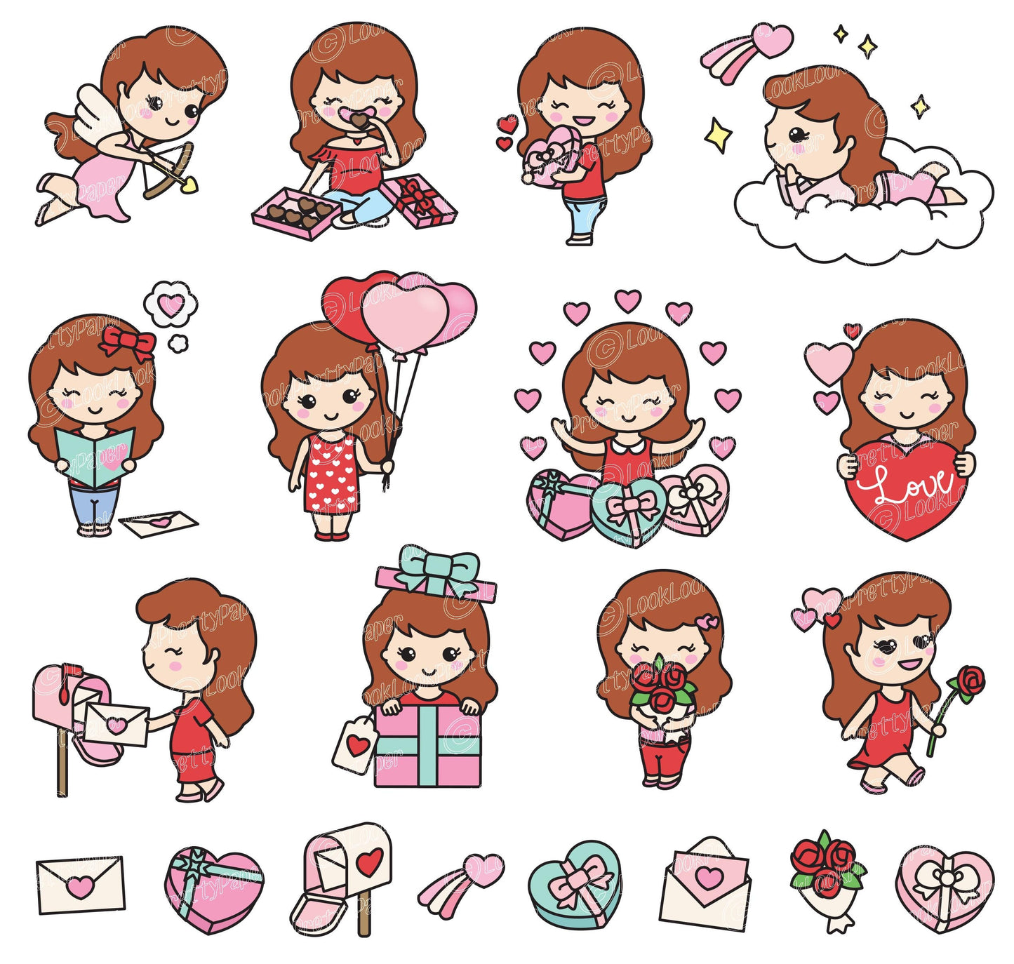 Premium Vector Clipart - Kawaii Valentines Day Cute Me - Valentines Day Girl Clipart Set - Cute Valentines Day Clipart - Red Hair