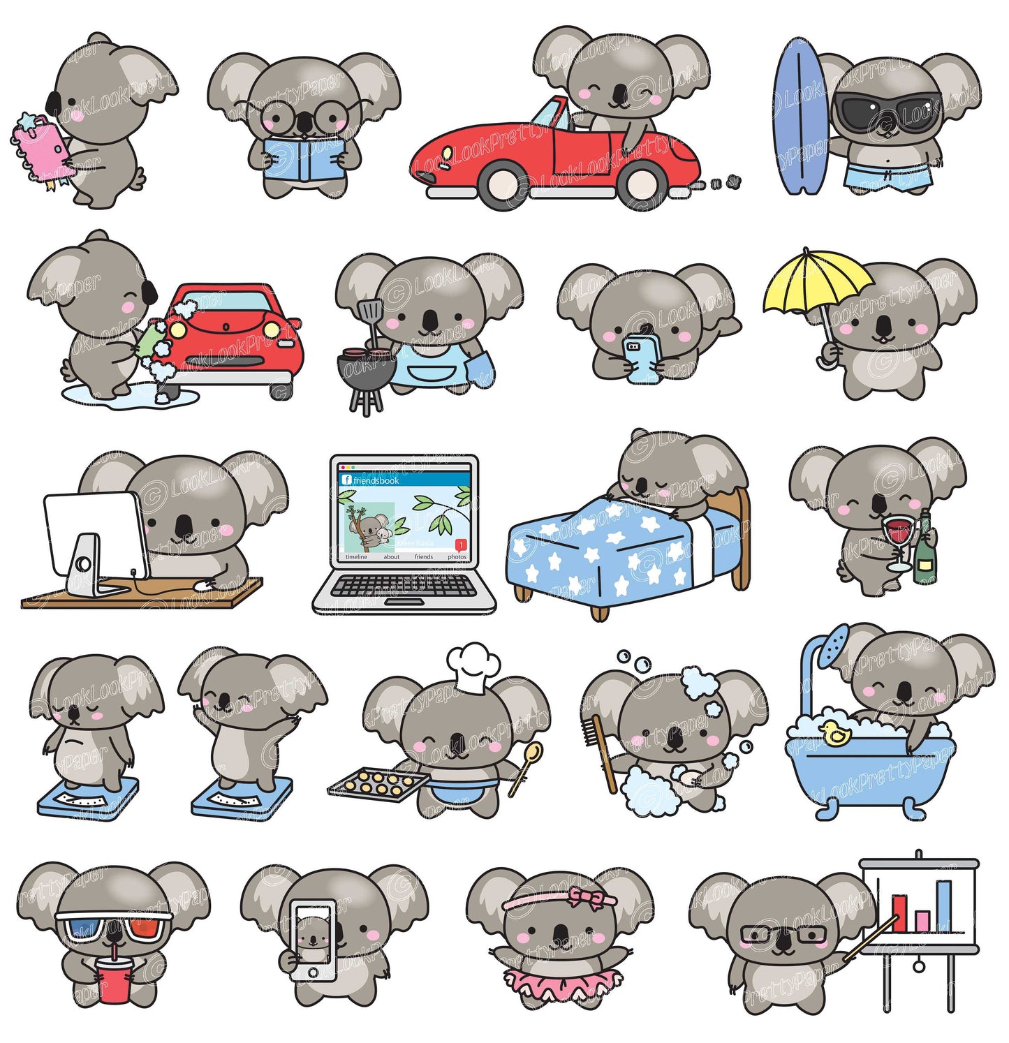 Premium Vector Clipart - Kawaii Koala - Cute Koala Planning Clipart - Getting Even More Stuff Done- Instant Download - Kawaii Clipart