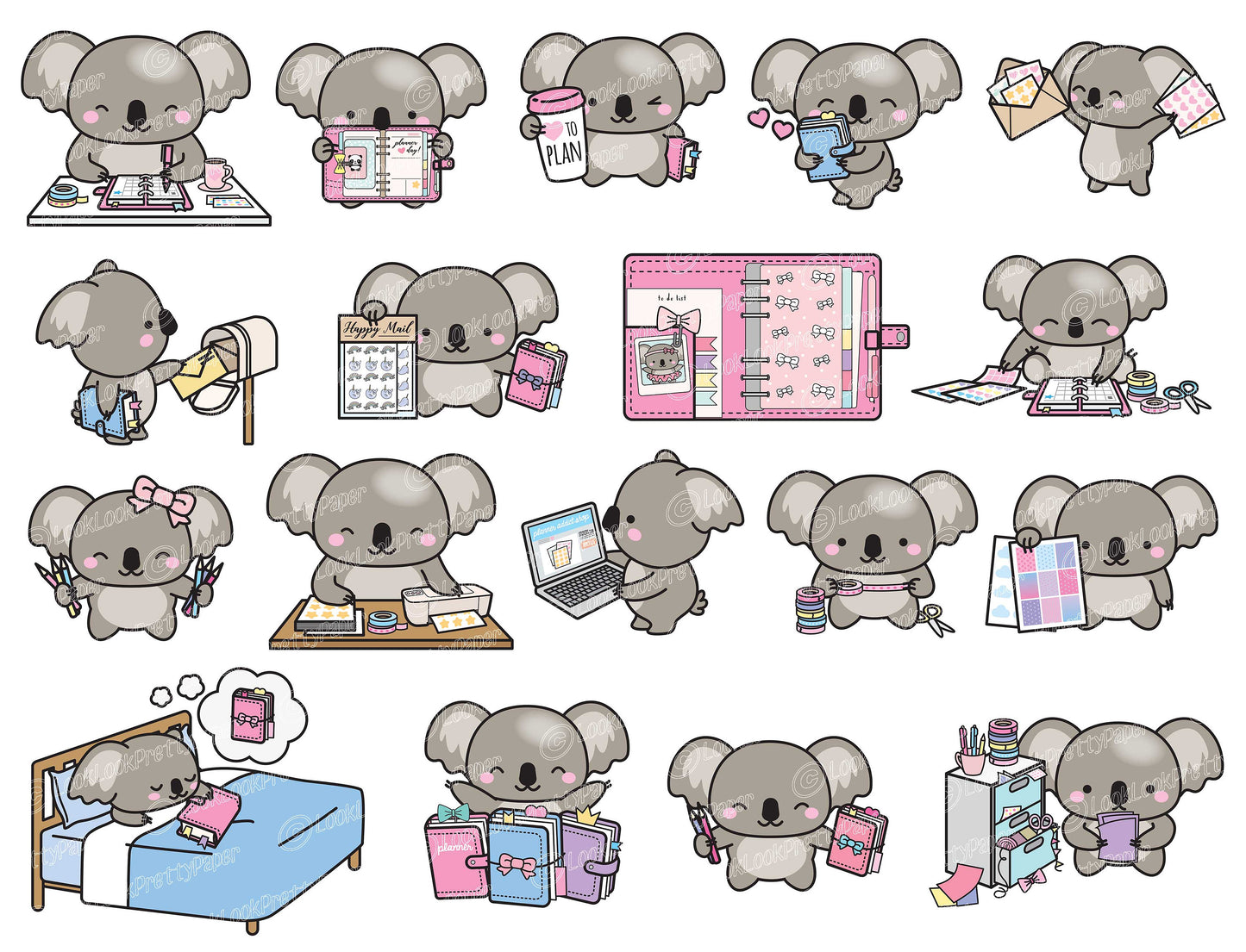 Premium Vector Clipart - Kawaii Koala - Cute Koalas Planner Addict Clipart - Koala Loves Planning - Instant Download - Kawaii Clipart