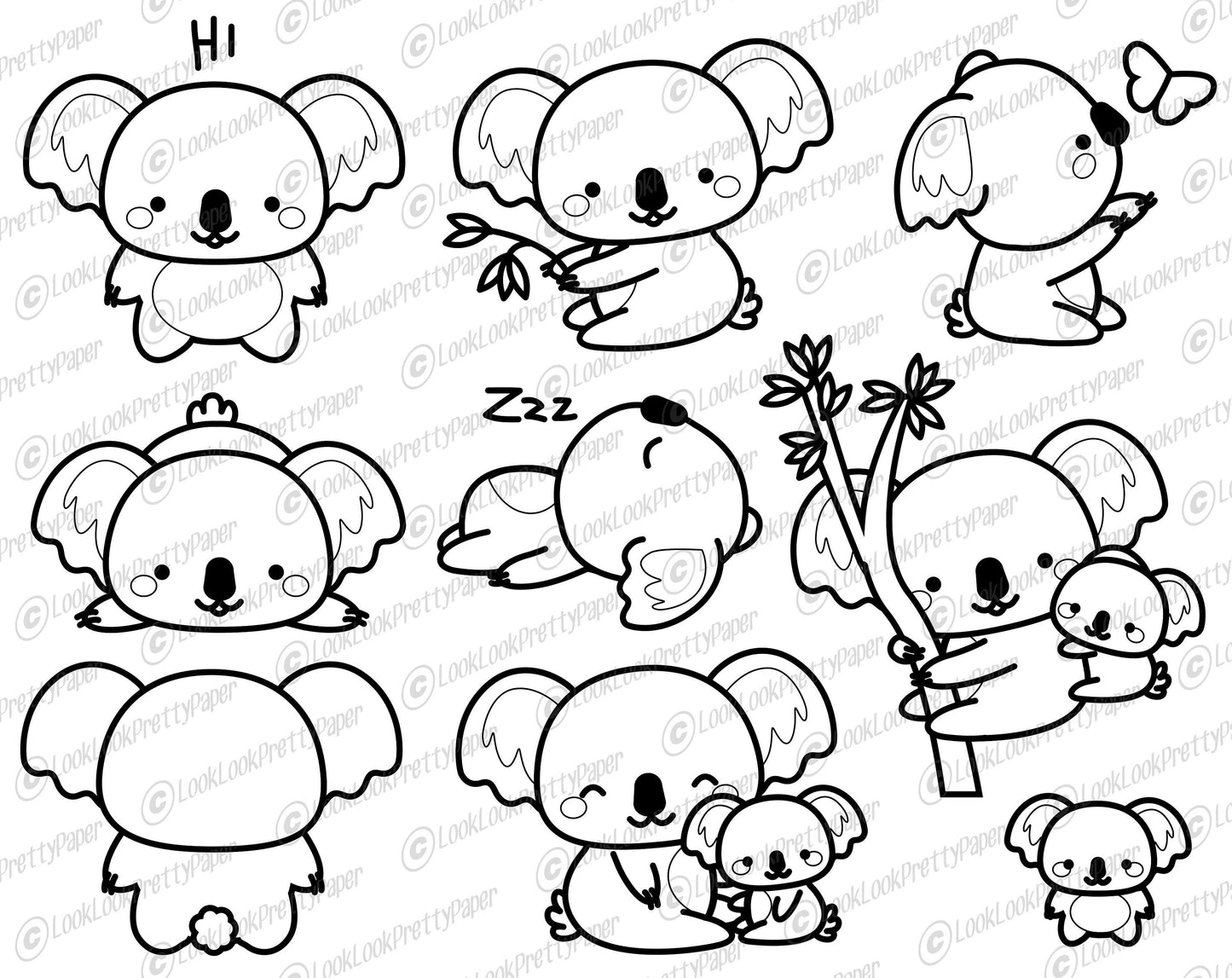 Premium Vector Clipart - Kawaii Koala Outlines - Cute Koalas Outlines Clipart Set - High Quality Vectors - Instant Download