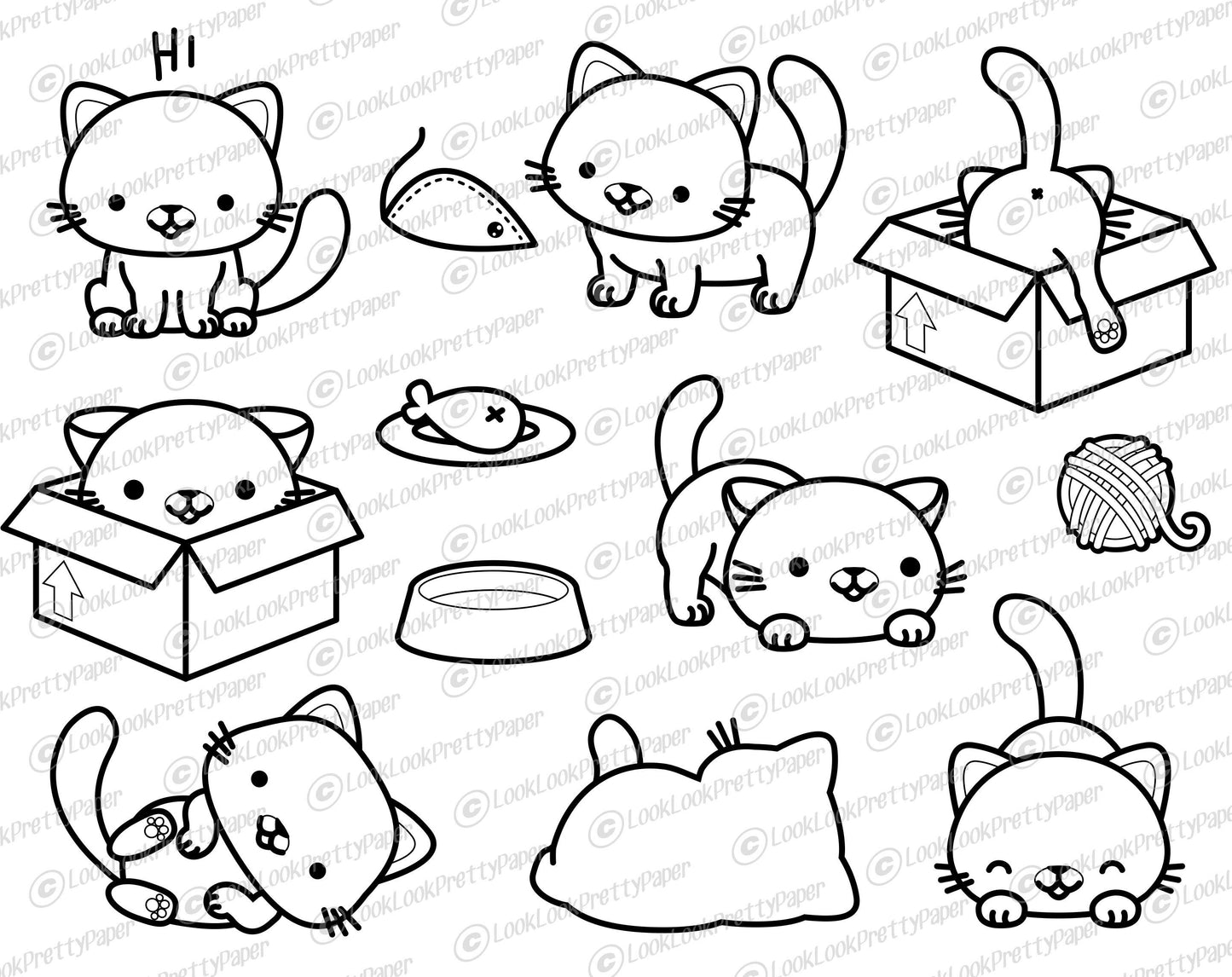 Premium Vector Clipart - Kawaii Cat Outlines - Cute Cat Outlines Clipart Set - High Quality Vectors - Instant Download - Kawaii Clipart