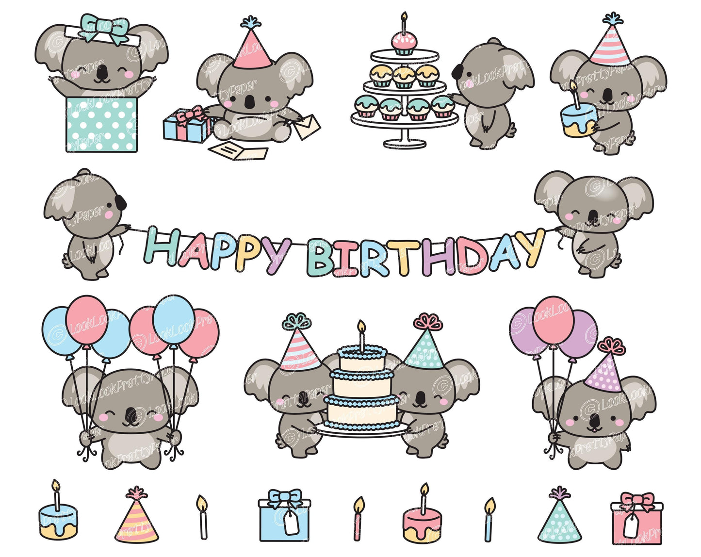 Premium Vector Clipart - Kawaii Birthday Koalas - Cute Birthday Koalas Clipart Set - High Quality Vectors - Kawaii Christmas Clipart