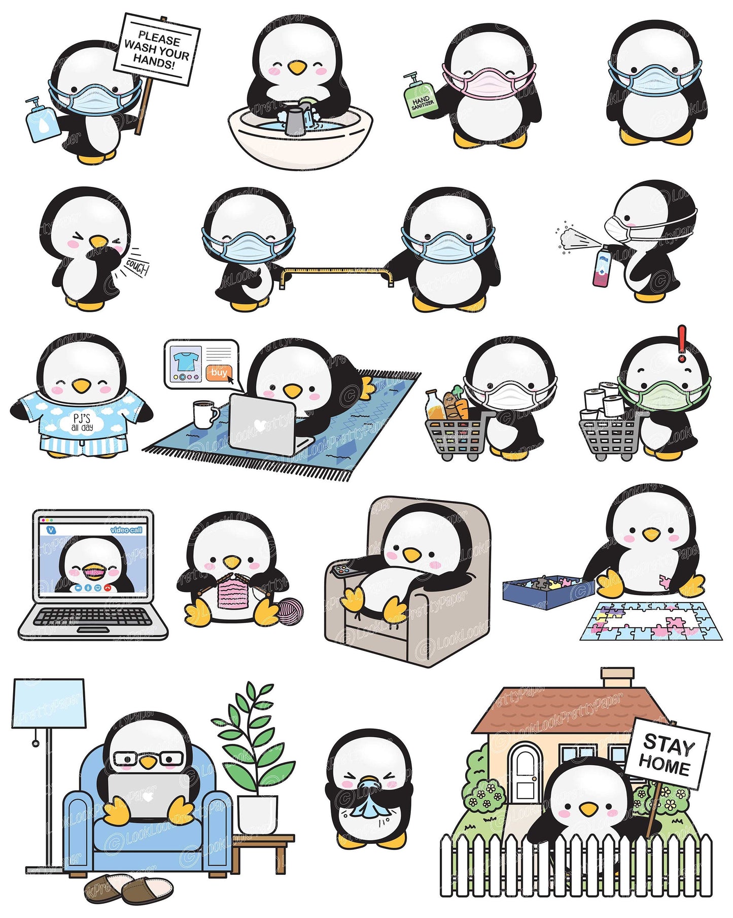 Premium Vector Clipart - Kawaii Penguin - Cute Penguin Social Distancing Clipart - Penguins Lockdown - Instant Download - Kawaii Clipart