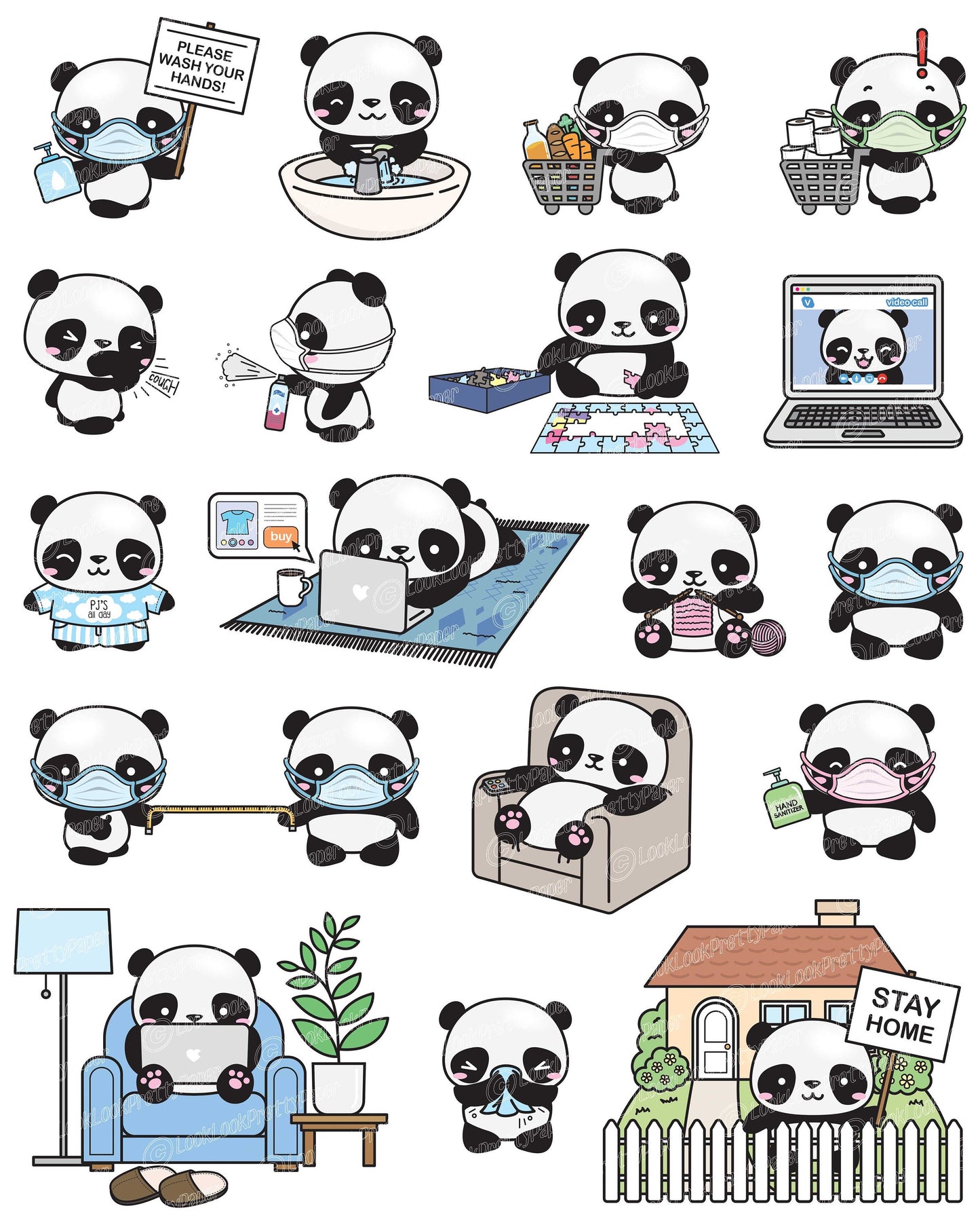 Premium Vector Clipart - Kawaii Panda - Cute Panda Social Distancing Clipart - Pandas Lockdown - Instant Download - Kawaii Clipart