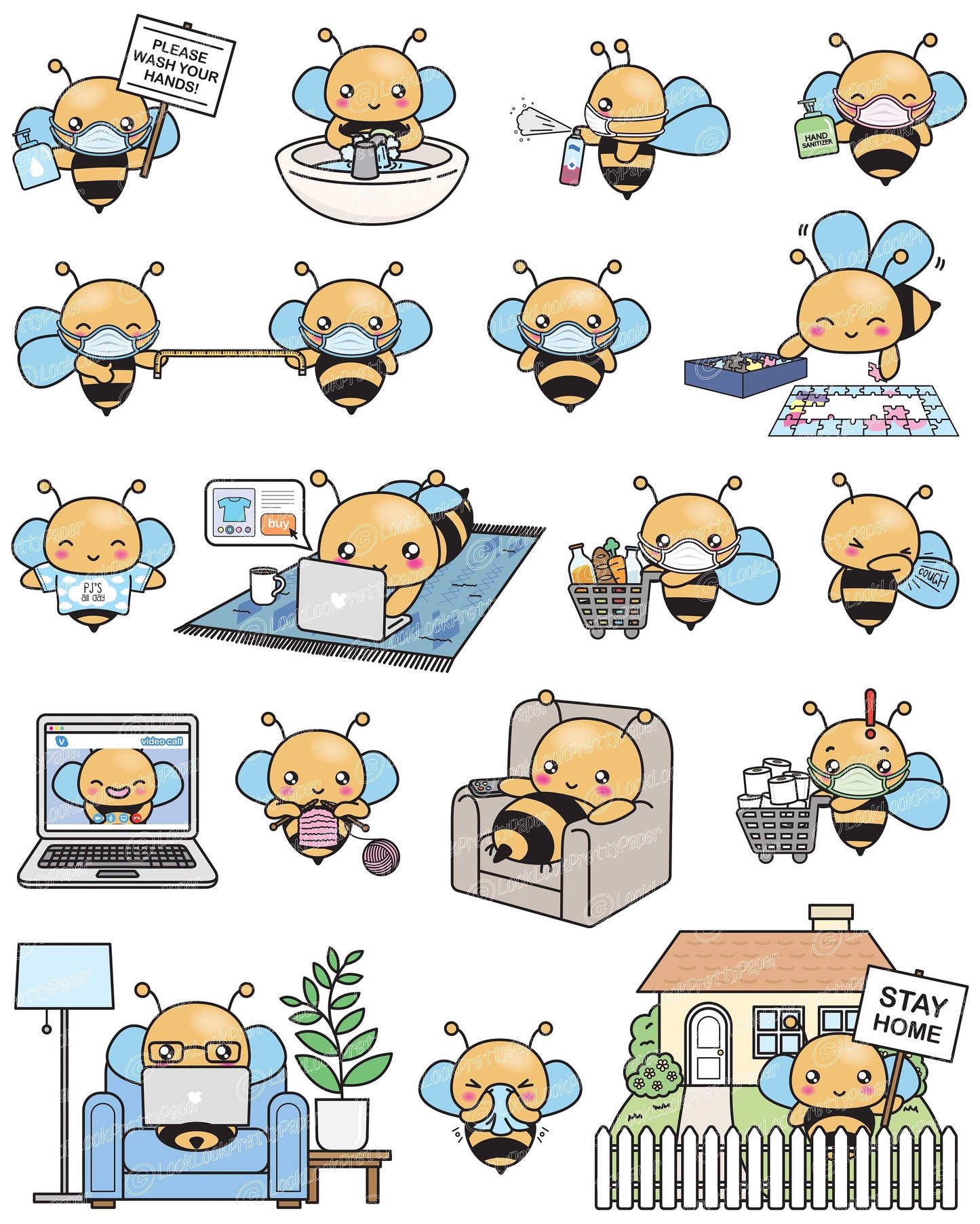 Premium Vector Clipart - Kawaii Bee - Cute Bee Social Distancing Clipart - Bee Lockdown - Instant Download - Kawaii Clipart