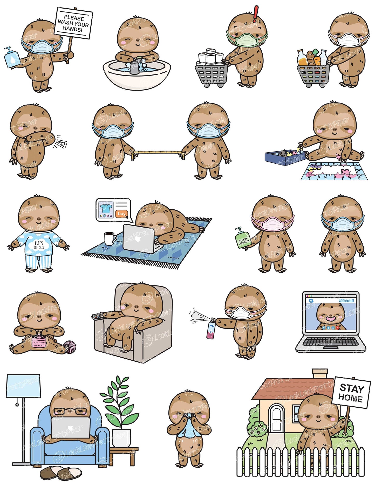 Premium Vector Clipart - Kawaii Sloth - Cute Sloth Social Distancing Clipart - Sloths Lockdown - Instant Download - Kawaii Clipart