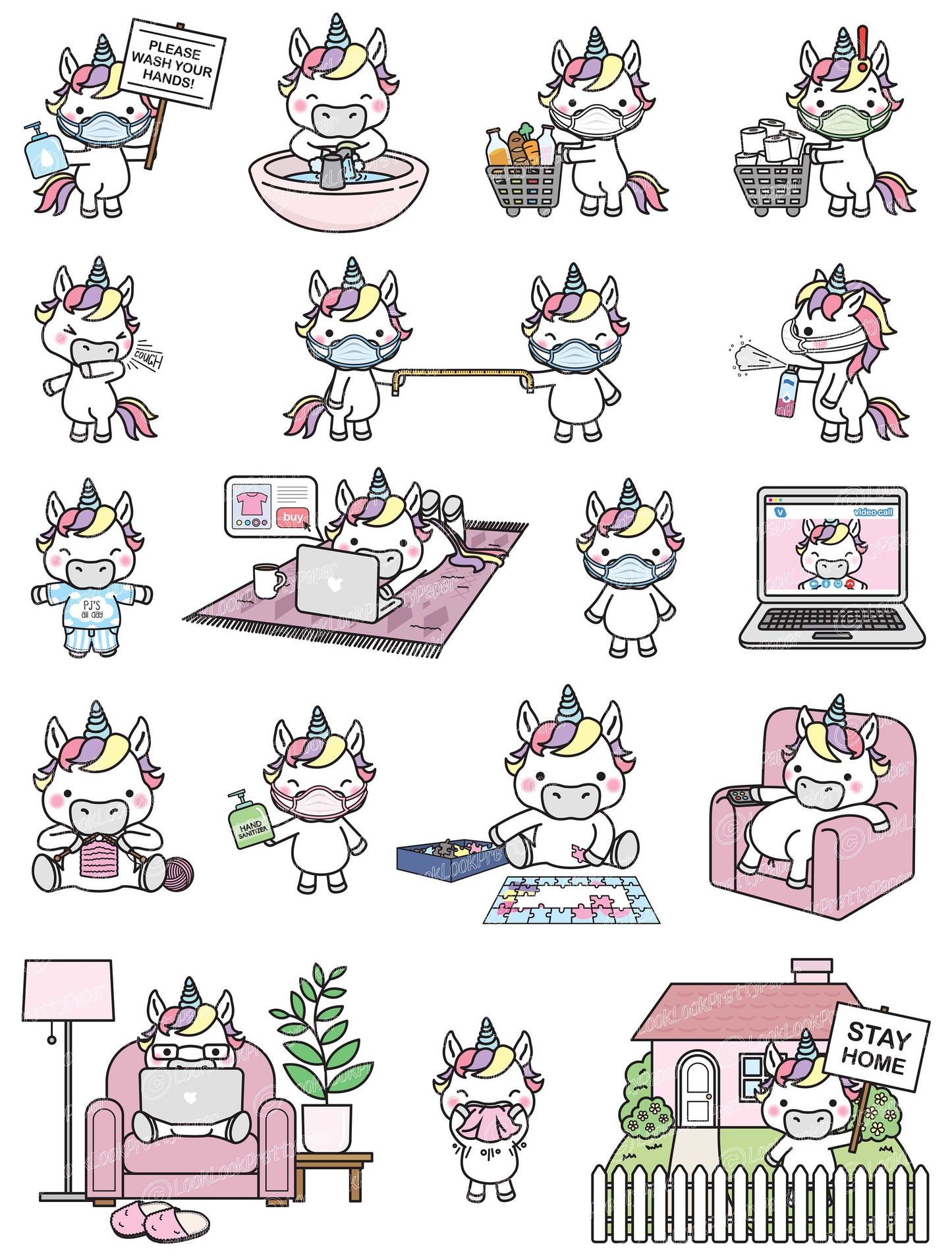 Premium Vector Clipart - Kawaii Unicorn - Cute Unicorn Social Distancing Clipart - Unicorn Lockdown - Instant Download - Kawaii Clipart