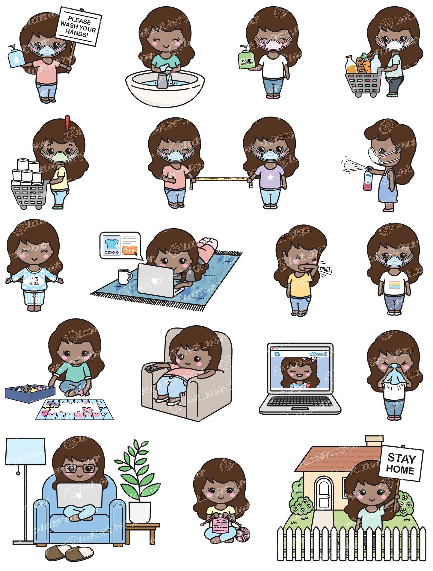 Premium Vector Clipart - Kawaii Girl - Cute Little Me Social Distancing Clipart - Cute Girl Lockdown - Darker Skin  - Kawaii Clipart