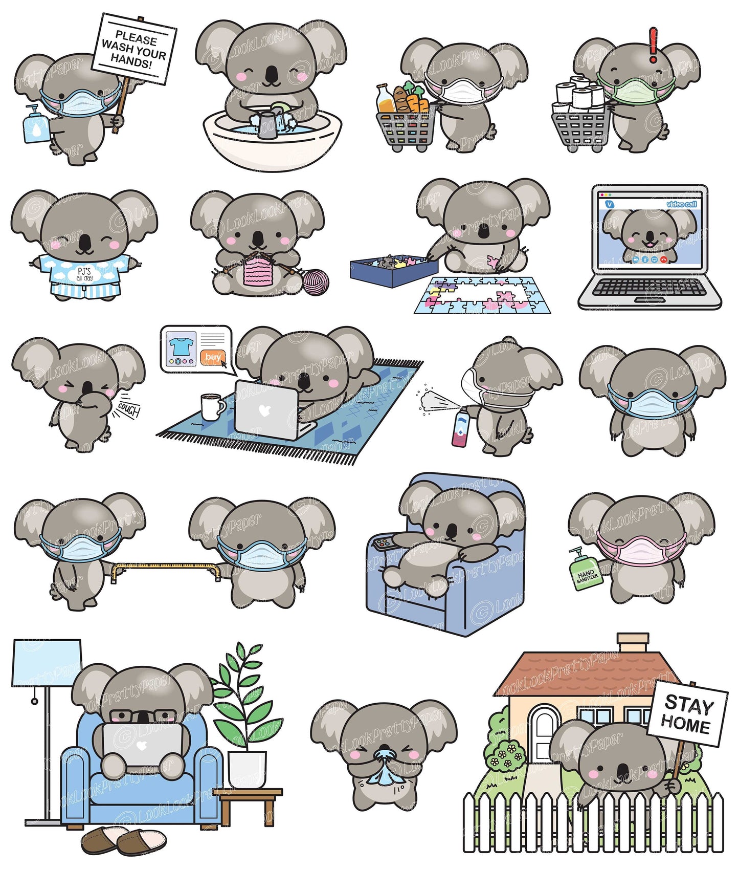 Premium Vector Clipart - Kawaii Koala - Cute Koala Social Distancing Clipart - Koalas Lockdown - Instant Download - Kawaii Clipart