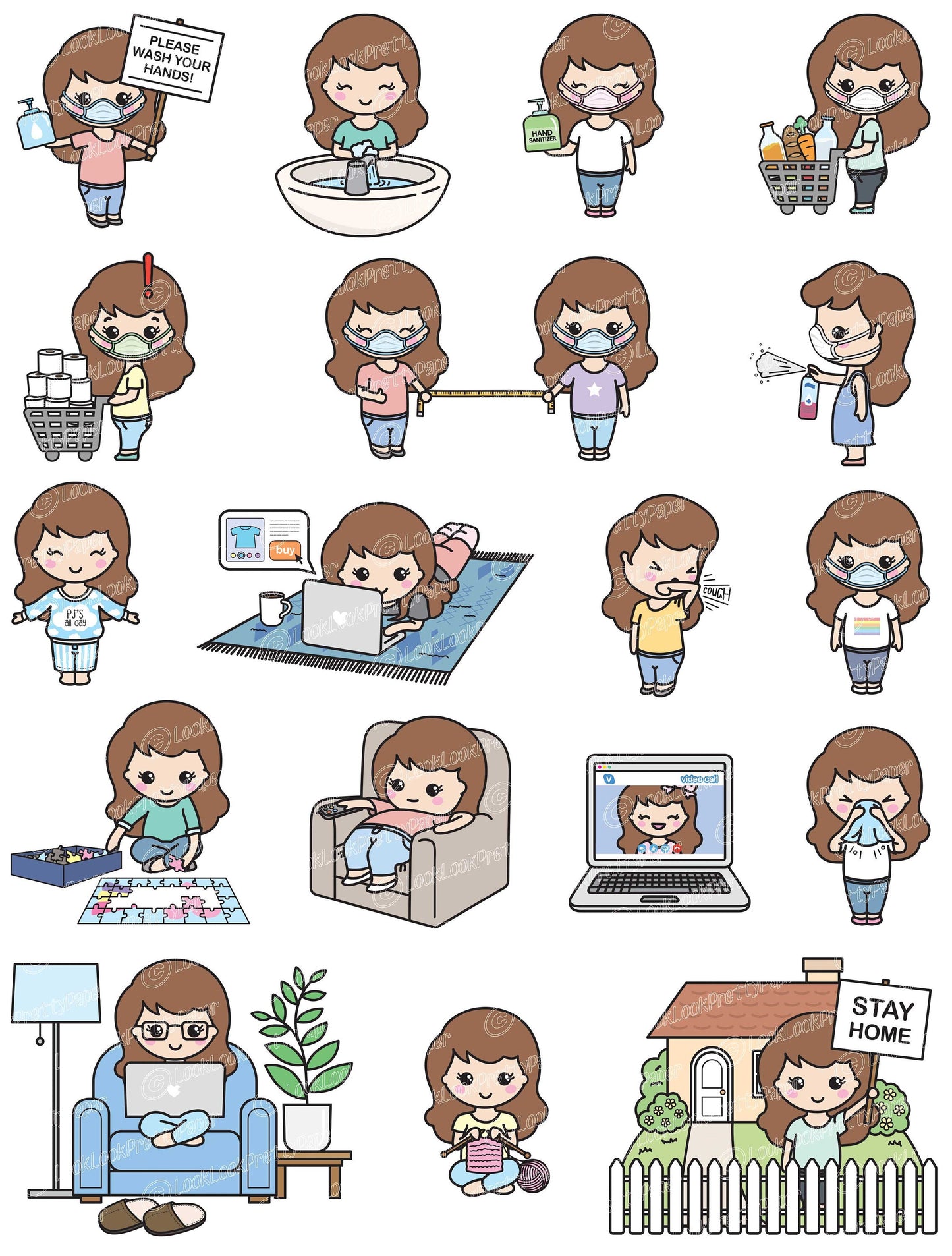 Premium Vector Clipart - Kawaii Girl - Cute Little Me Social Distancing Clipart - Cute Girl Lockdown - Instant Download - Kawaii Clipart