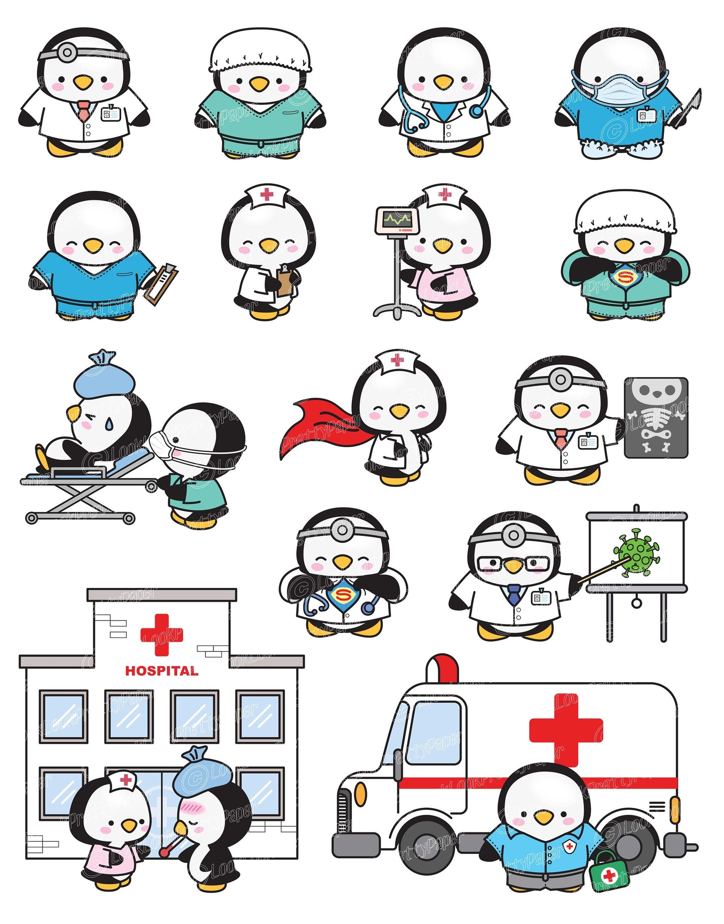 Premium Vector Clipart - Kawaii Penguin - Cute Penguin Healthcare Heros Clipart - Penguin Doctors - Instant Download - Kawaii Clipart