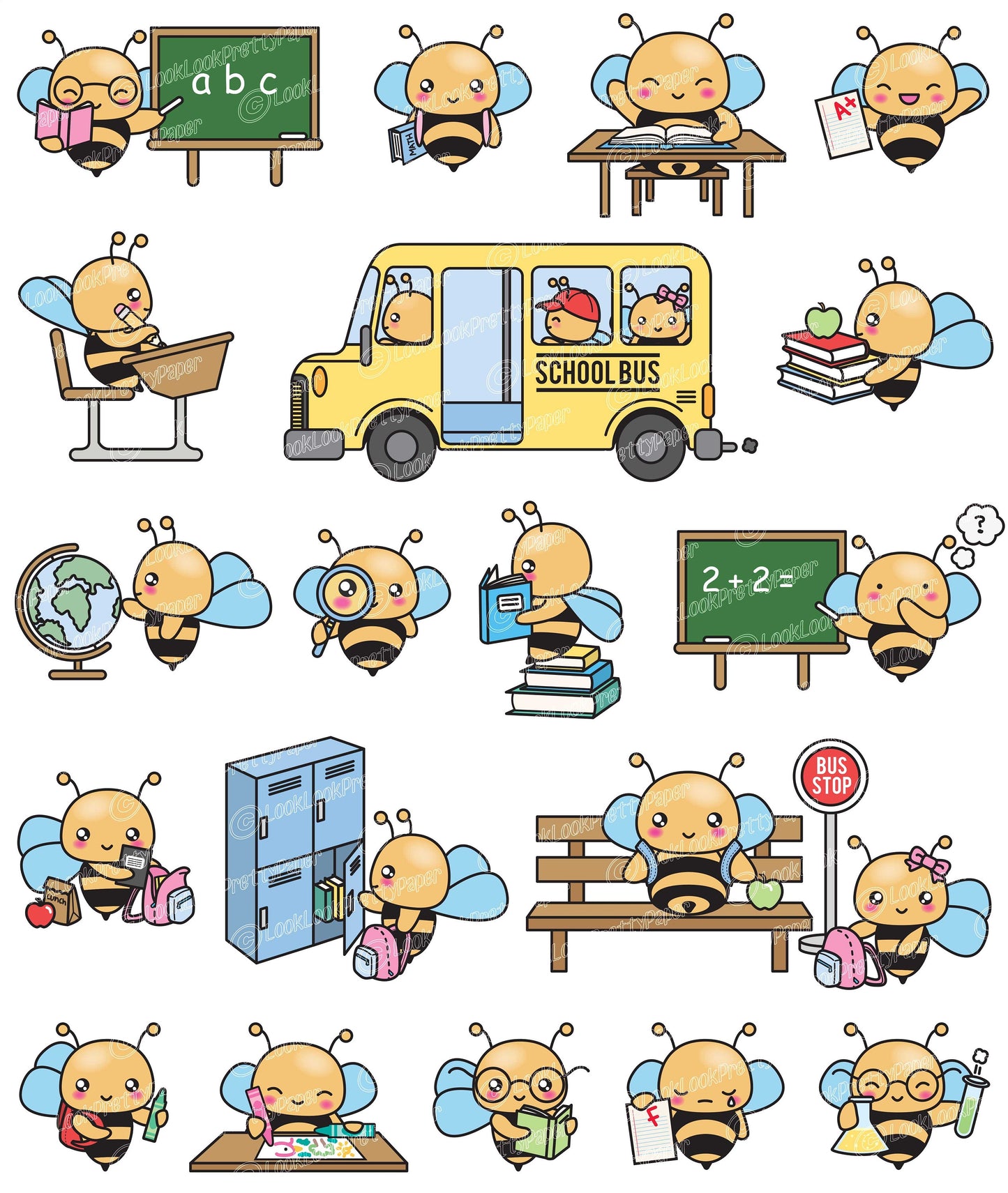 Premium Vector Clipart - Kawaii Bees Back To School - Cute Bees Clipart Set - High Quality Vectors - Kawaii School Clipart