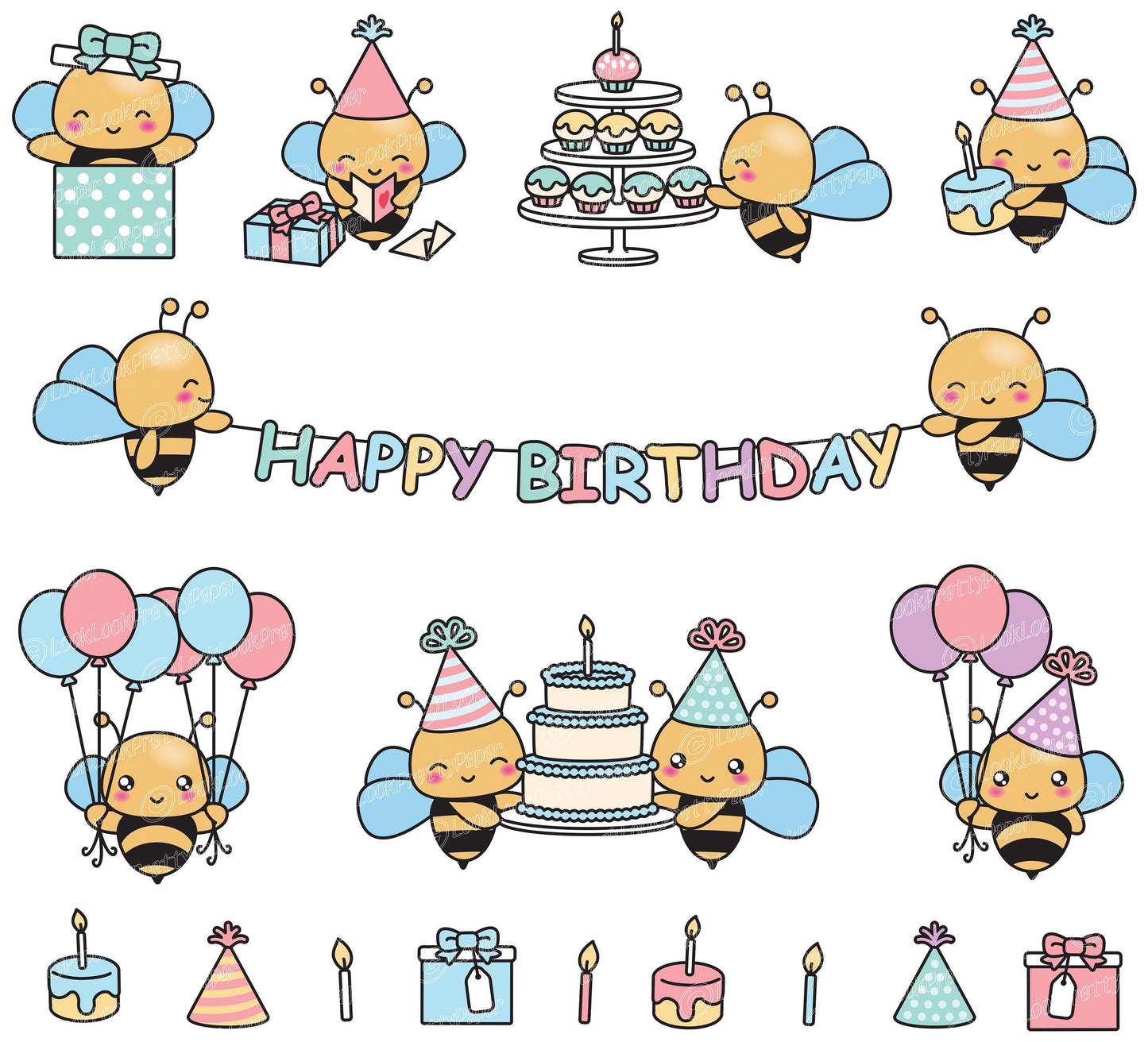 Premium Vector Clipart - Kawaii Birthday Bees - Cute Birthday Bees Clipart Set - High Quality Vectors - Kawaii Birthday Clipart