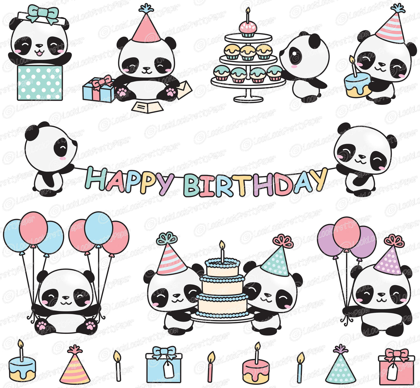 Premium Vector Clipart - Kawaii Birthday Pandas - Cute Birthday Pandas Clipart Set - High Quality Vectors - Kawaii Birthday Clipart