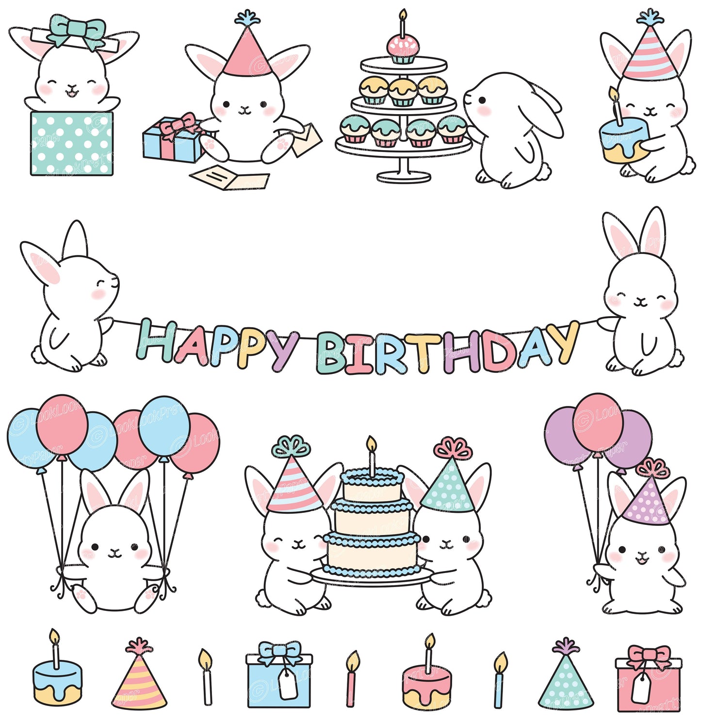 Premium Vector Clipart - Kawaii Birthday Bunnies - Cute Birthday Bunny Clipart Set - High Quality Vectors - Kawaii Christmas Clipart