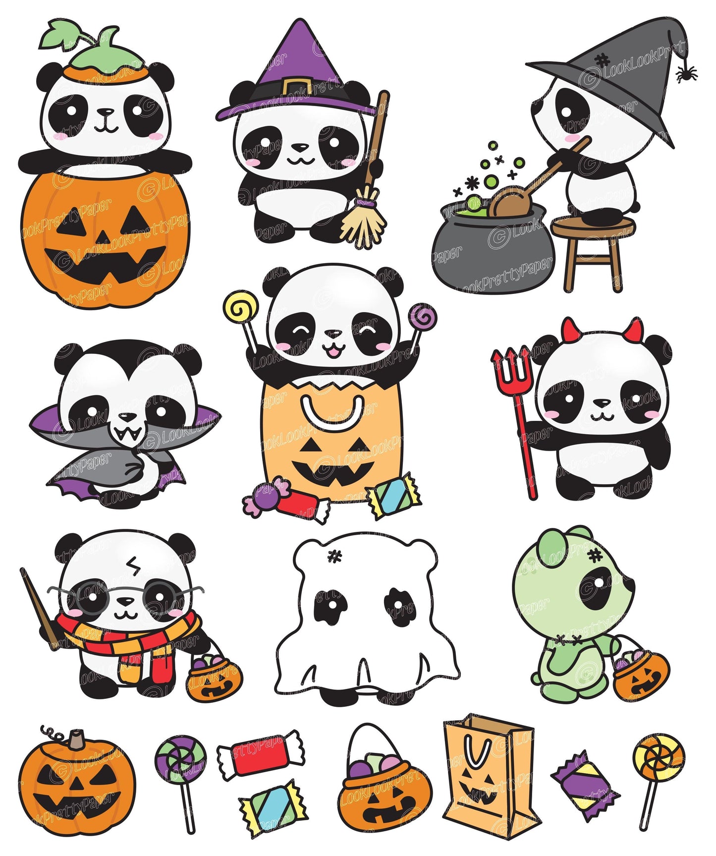 Premium Vector Clipart - Kawaii Halloween Pandas - Cute Halloween Pandas Clipart Set - High Quality Vectors - Kawaii Halloween Clipart