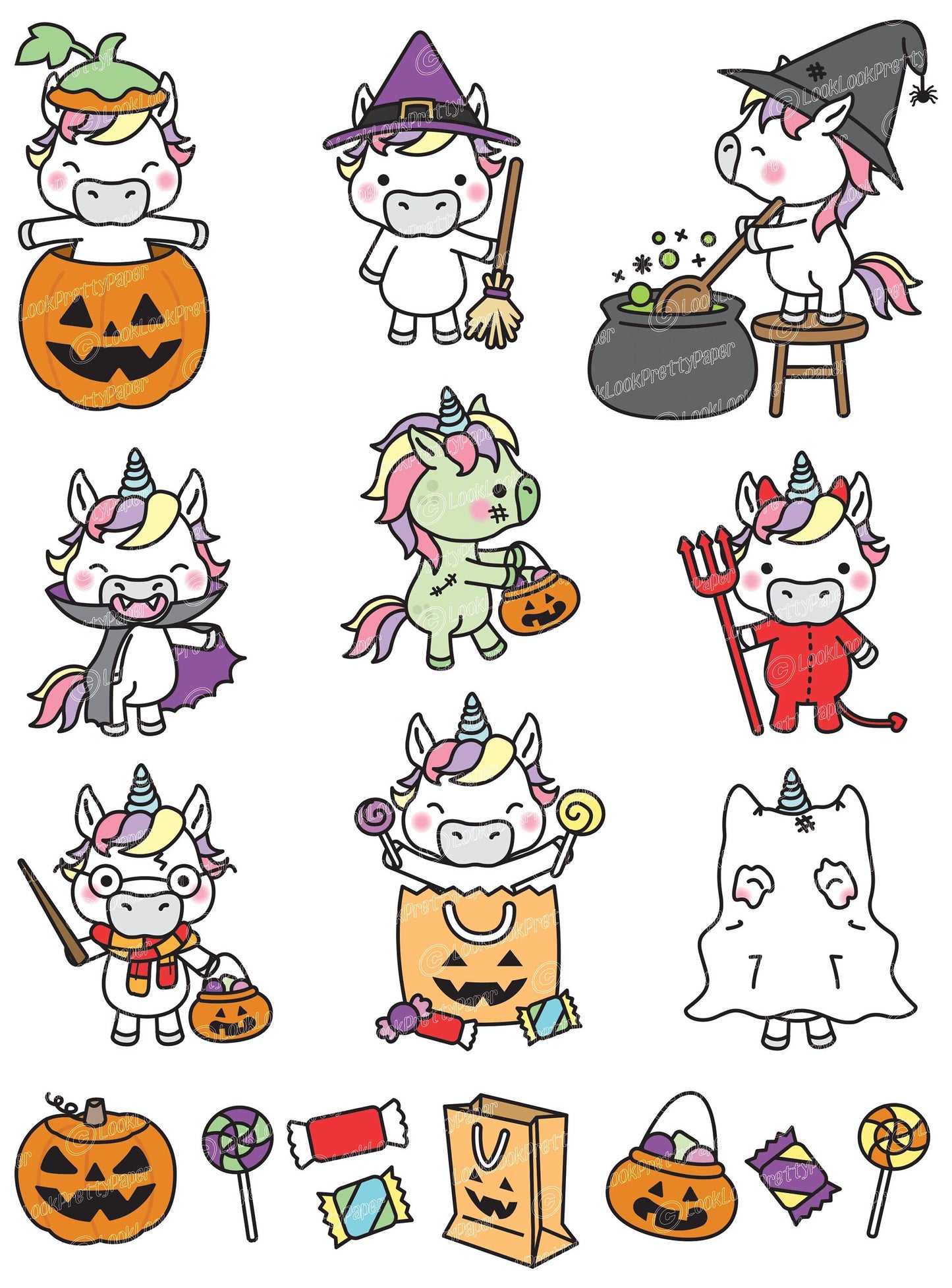 Premium Vector Clipart - Kawaii Halloween Unicorns - Cute Halloween Unicorns Clipart Set - High Quality Vectors - Kawaii Halloween Clipart