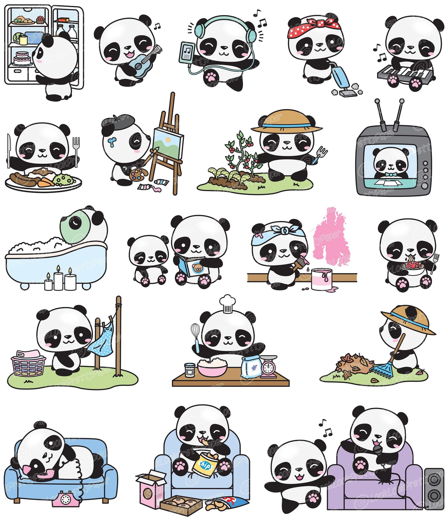 Premium Vector Clipart - Kawaii Panda - Cute Pandas Locked Down at Home Clipart - Panda Lockdown - Instant Download - Kawaii Clipart