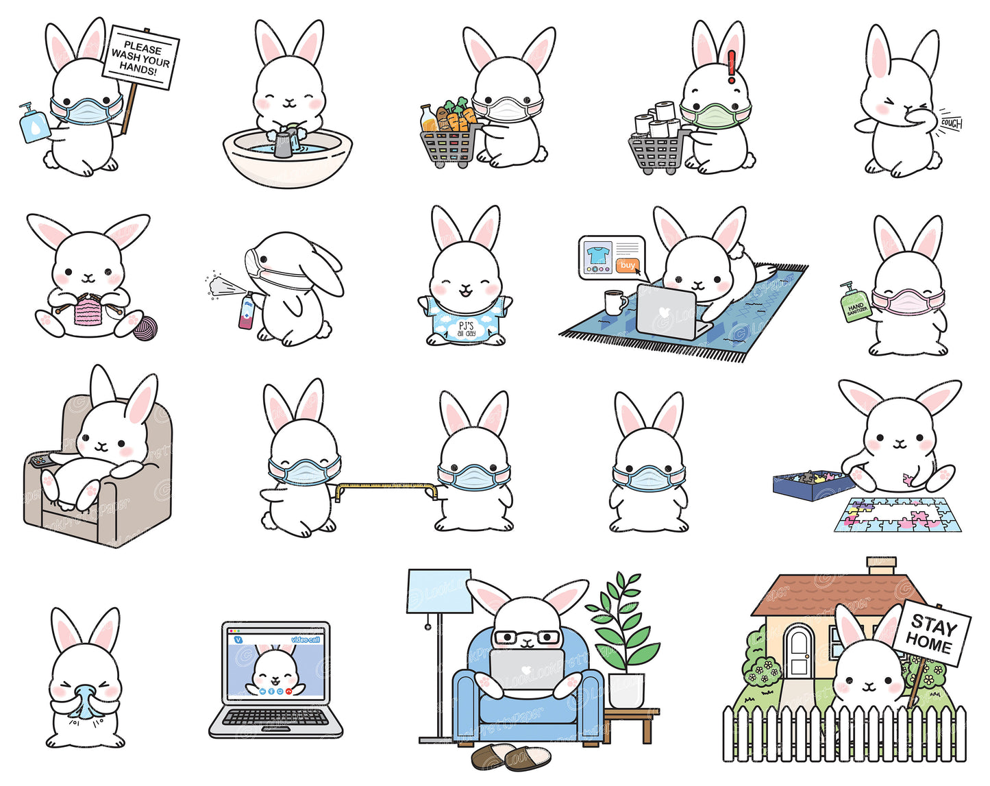 Premium Vector Clipart - Kawaii Bunny - Cute Bunny Social Distancing Clipart - Bunnies Lockdown - Instant Download - Kawaii Clipart