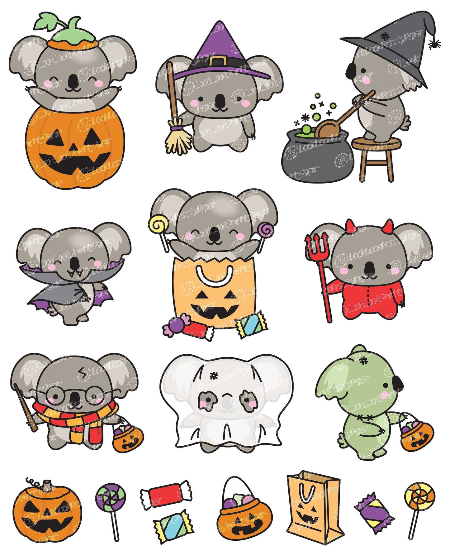 Premium Vector Clipart - Kawaii Halloween Koalas - Cute Halloween Koalas Clipart Set - High Quality Vectors - Kawaii Halloween Clipart