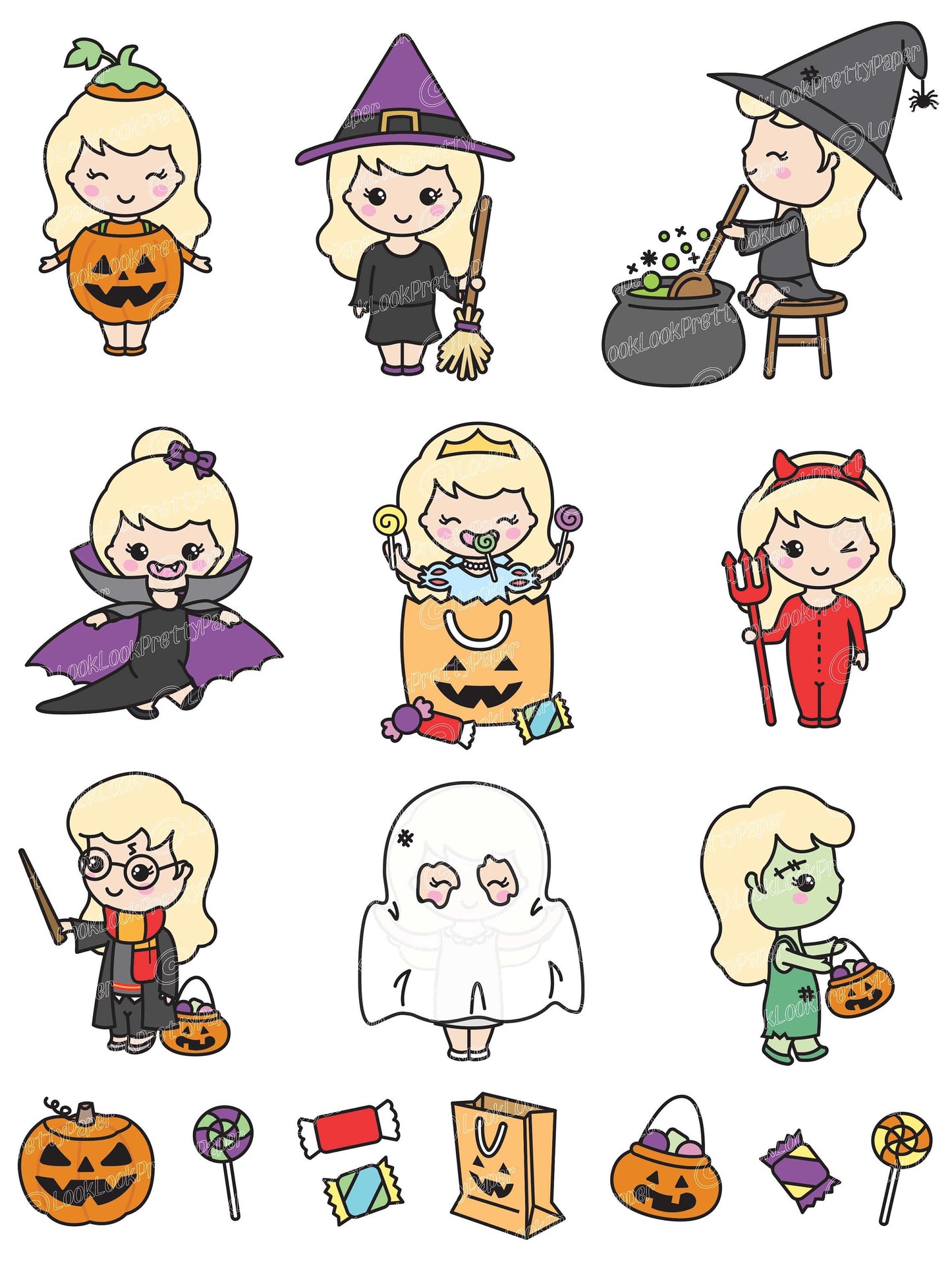 Premium Vector Clipart - Kawaii Halloween Girl - Cute Me Halloween Clipart Set - Blonde Hair - Kawaii Halloween Clipart