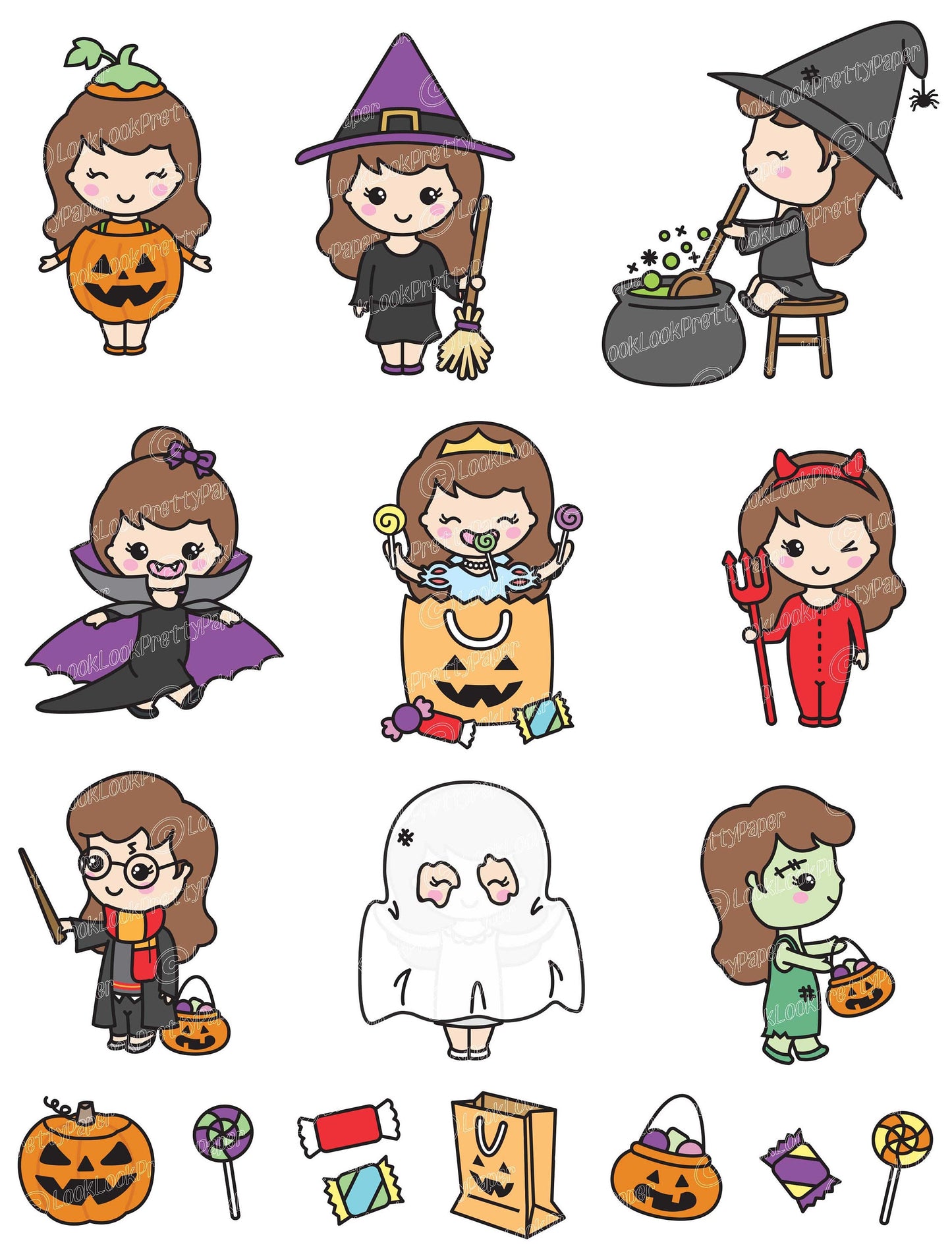 Premium Vector Clipart - Kawaii Halloween Girl - Cute Me Halloween Clipart Set - Brown Hair - Kawaii Halloween Clipart