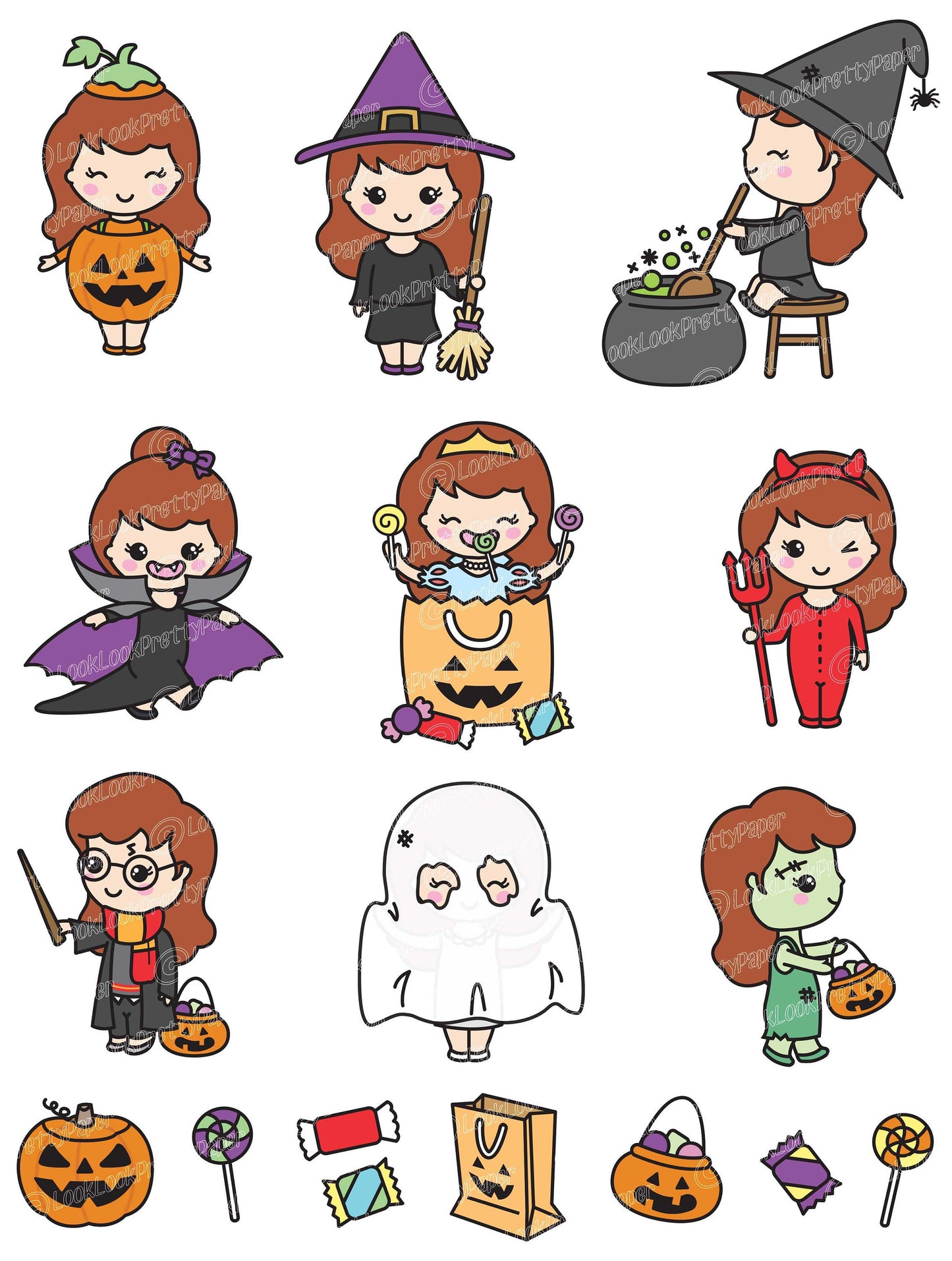 Premium Vector Clipart - Kawaii Halloween Girl - Cute Me Halloween Clipart Set - Red Hair - Kawaii Halloween Clipart