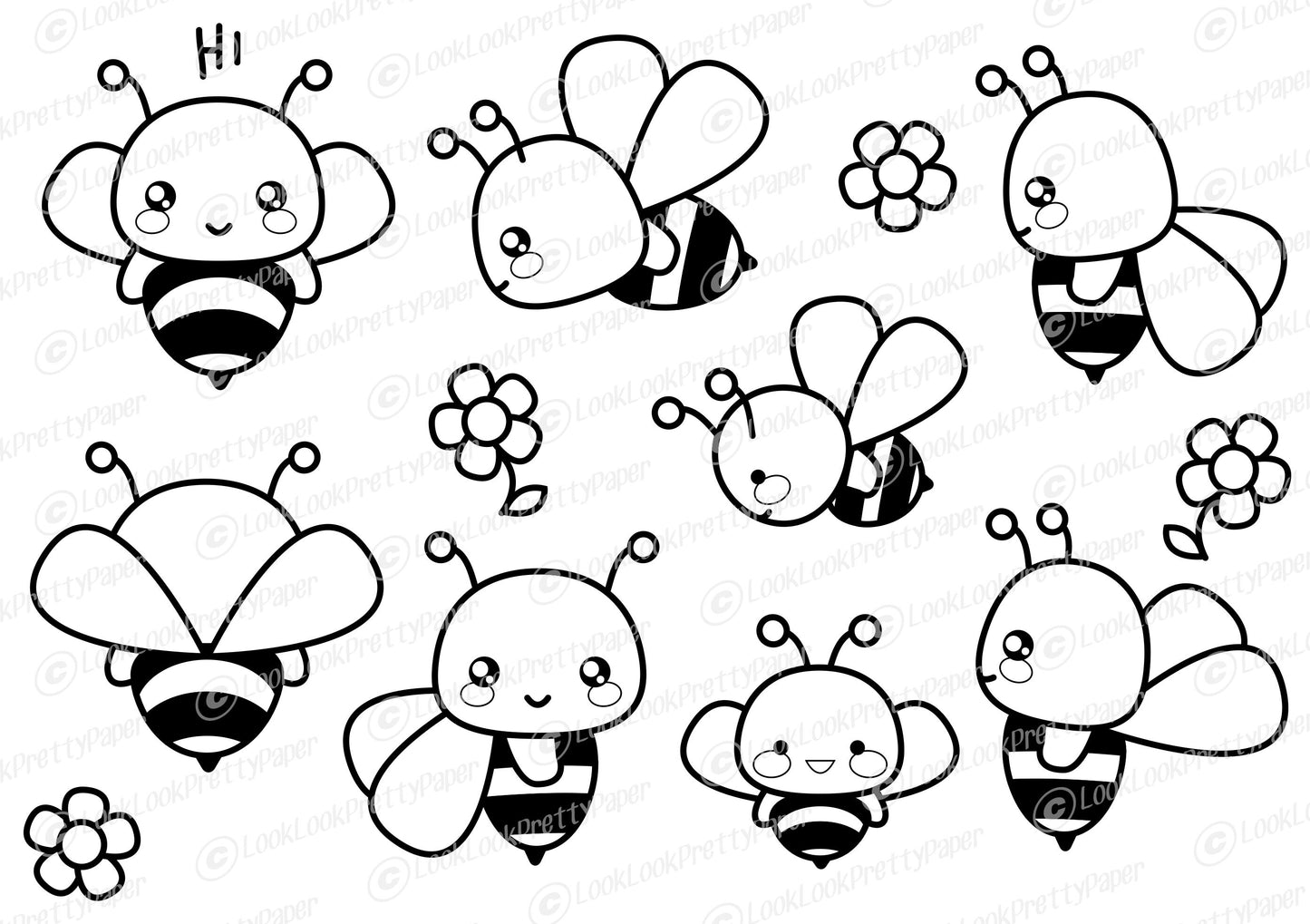 Premium Vector Clipart - Kawaii Bee Outlines - Cute Bees Outlines Clipart Set - High Quality Vectors - Instant Download