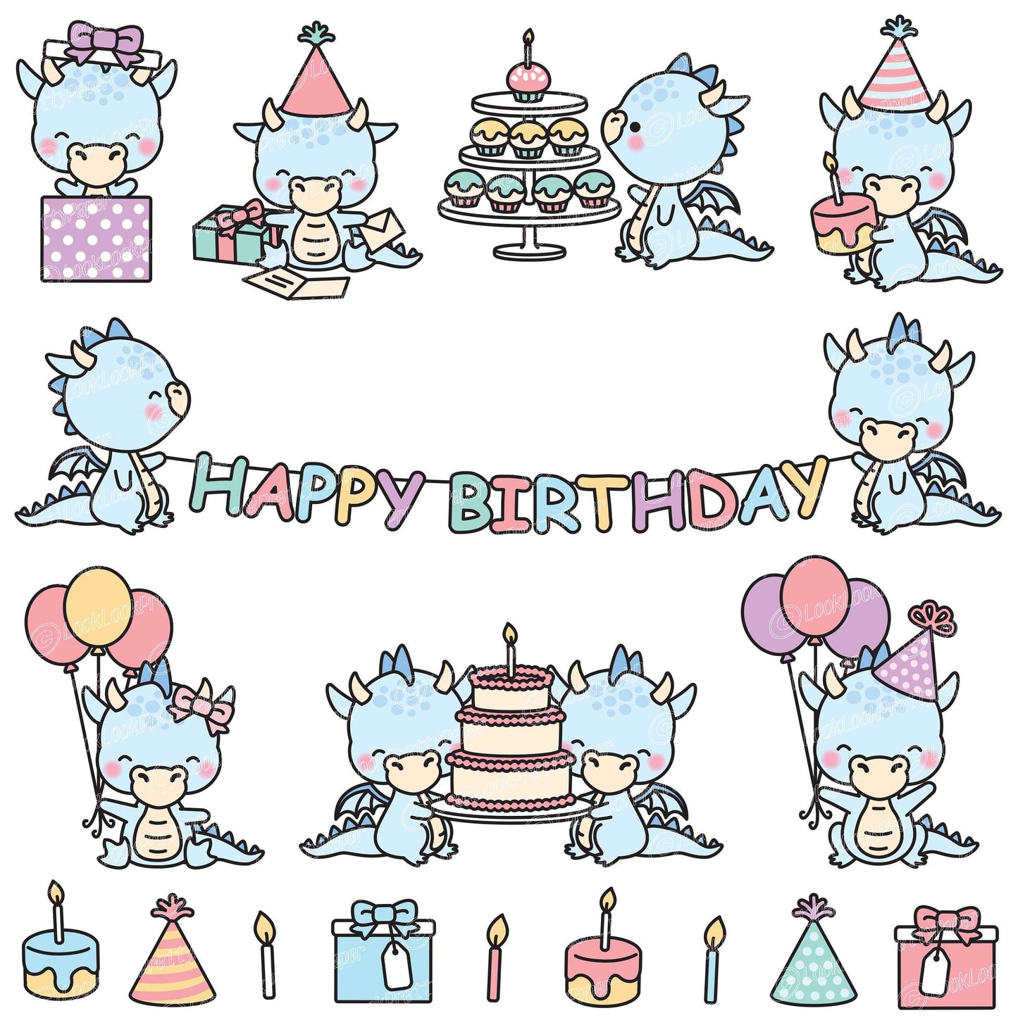 Premium Vector Clipart - Kawaii Blue Birthday Dragons - Cute Birthday Dragons Clipart Set - High Quality Vectors - Kawaii Christmas Clipart