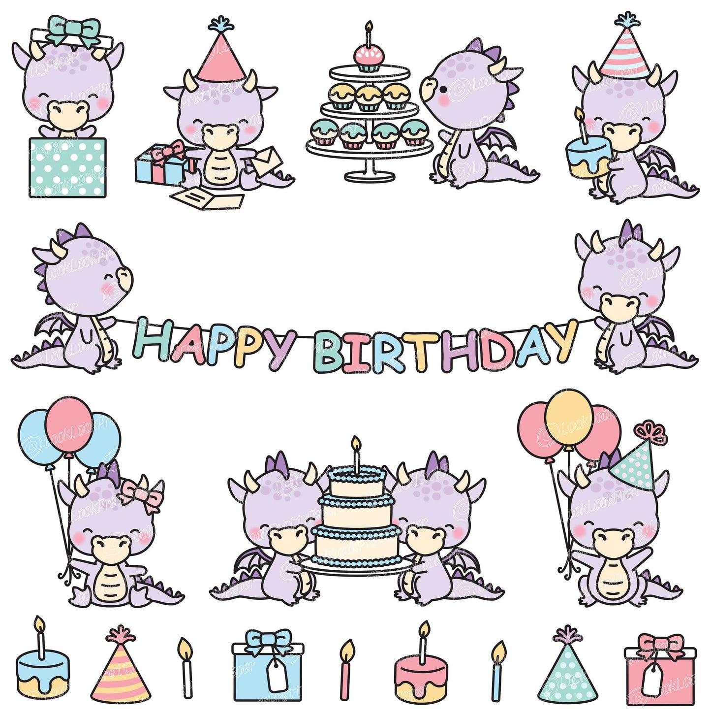 Premium Vector Clipart - Kawaii Purple Birthday Dragons - Cute Birthday Dragons Clipart Set - High Quality Vectors - Kawaii Clipart