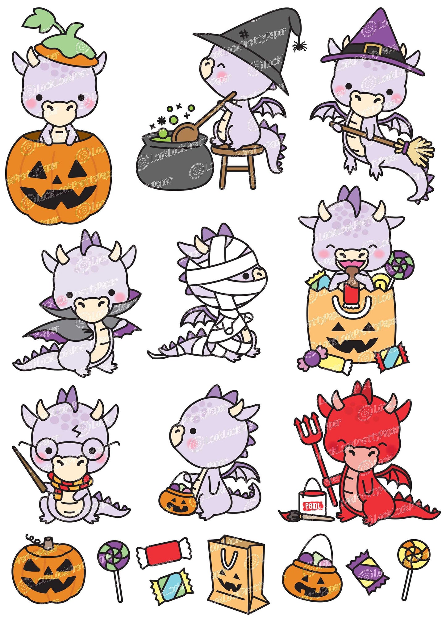 Premium Vector Clipart - Kawaii Halloween Dragons - Cute Halloween Dragons Clipart Set - High Quality Vectors - Purple Dragon