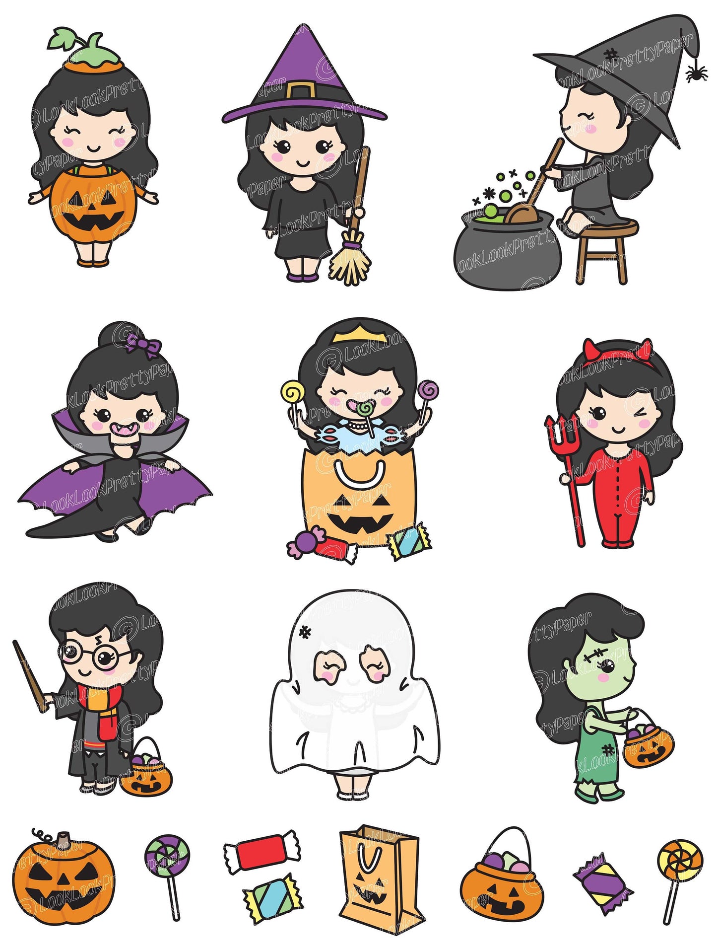 Premium Vector Clipart - Kawaii Halloween Girl - Cute Me Halloween Clipart Set - Black Hair - Kawaii Halloween Clipart