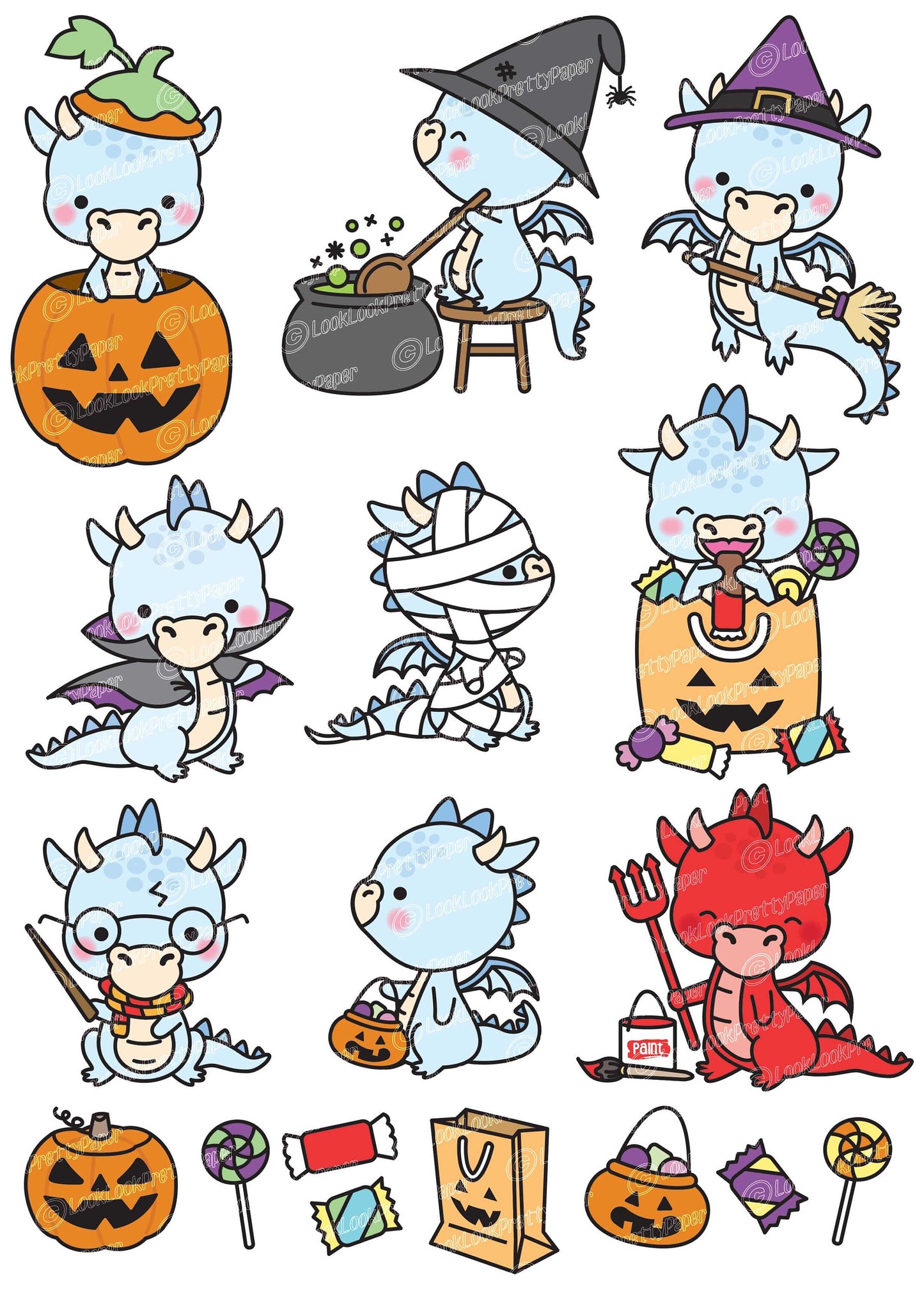 Premium Vector Clipart - Kawaii Halloween Dragons - Cute Halloween Dragons Clipart Set - High Quality Vectors - Blue Dragon