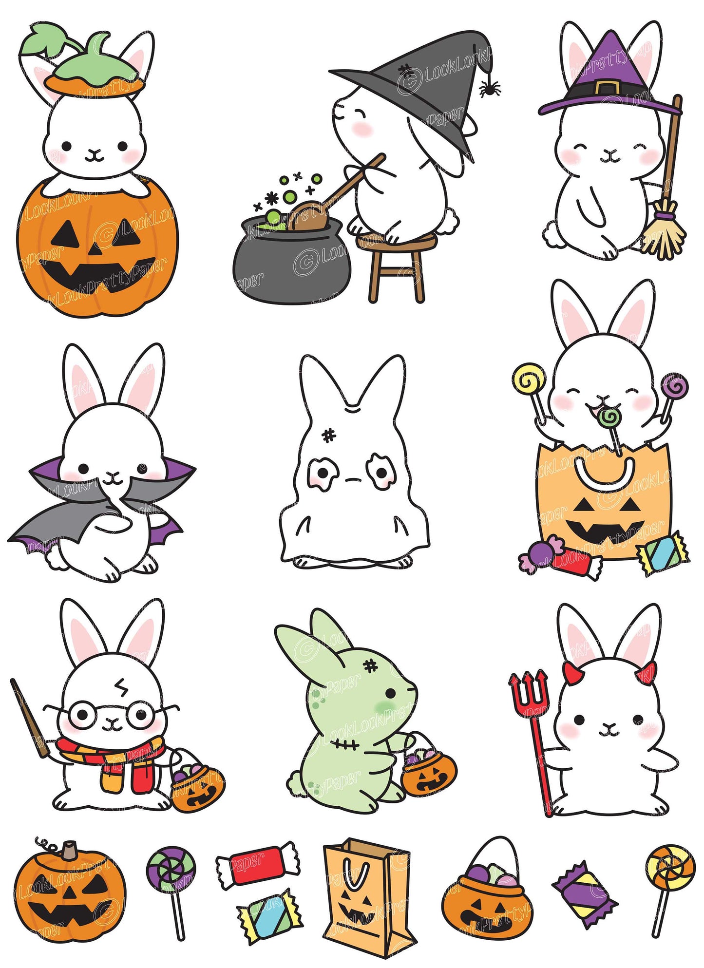 Premium Vector Clipart - Kawaii Halloween Bunnies - Cute Halloween Bunnies Clipart Set - High Quality Vectors - Kawaii Halloween Clipart