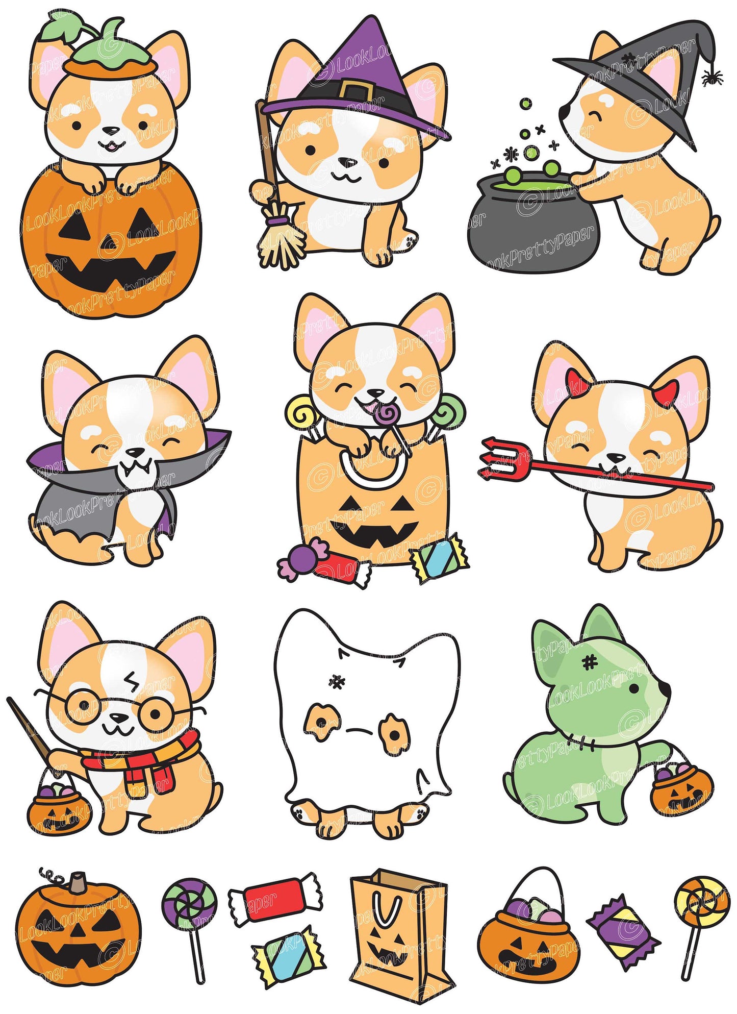 Premium Vector Clipart - Kawaii Halloween Corgi - Cute Halloween Corgi Clipart Set - High Quality Vectors - Kawaii Halloween Clipart