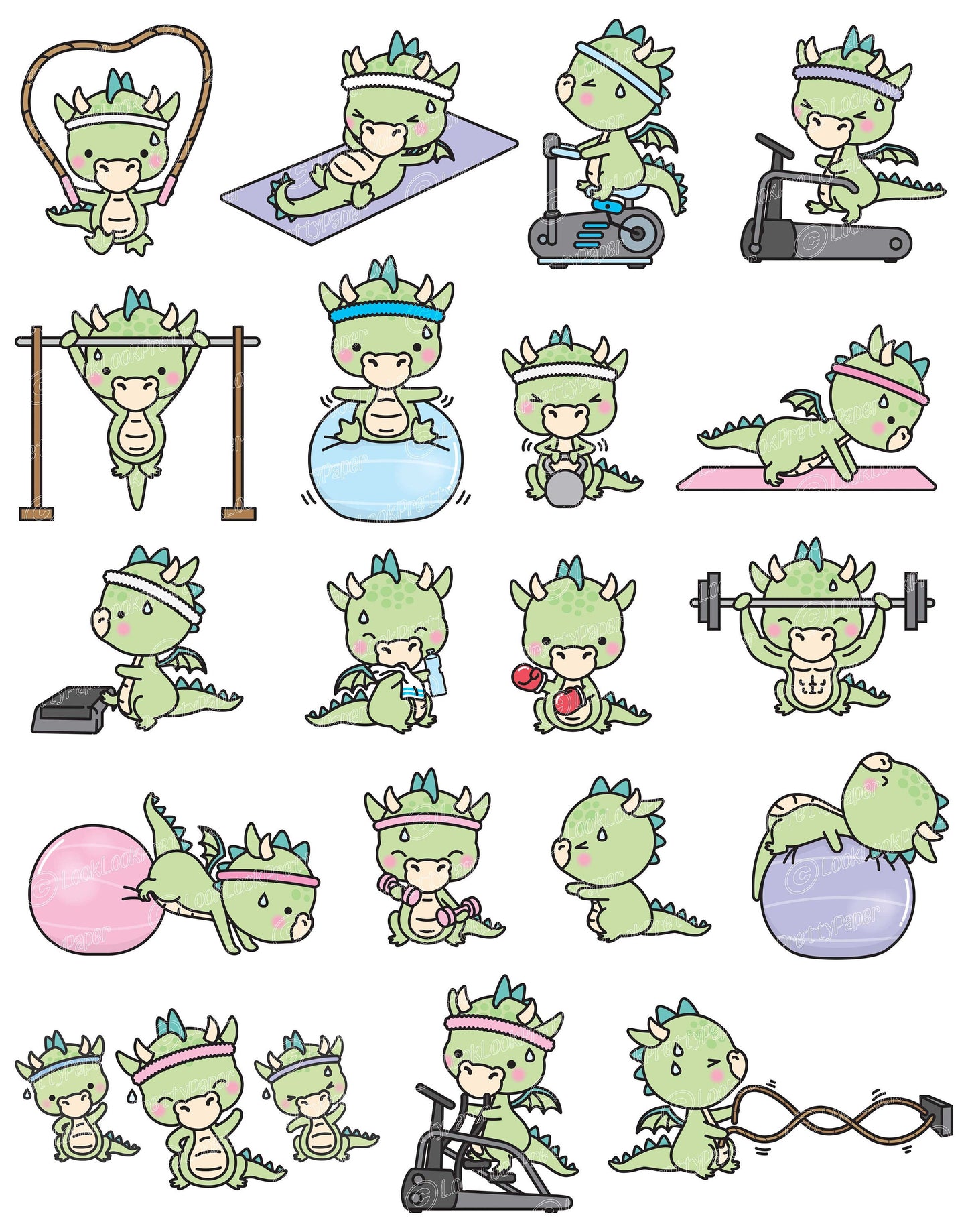 Premium Vector Clipart - Kawaii Workout Dragons - Cute Workout Dragons Clipart Set - High Quality Vectors - Kawaii Workout Clipart