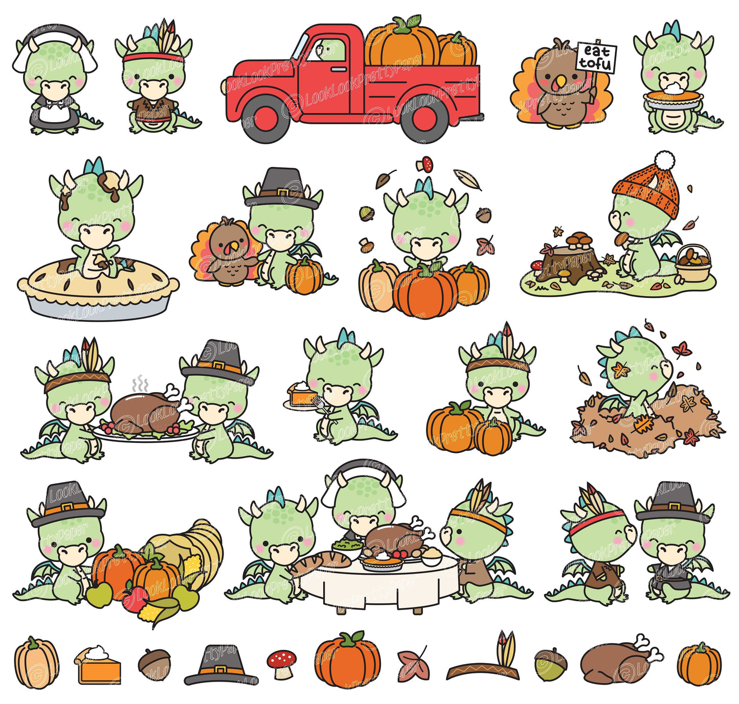 Premium Vector Clipart - Kawaii Thankgiving Dragons - Cute Thangiving Dragons Clipart - High Quality Vectors - Kawaii Thanksgiving Clipart