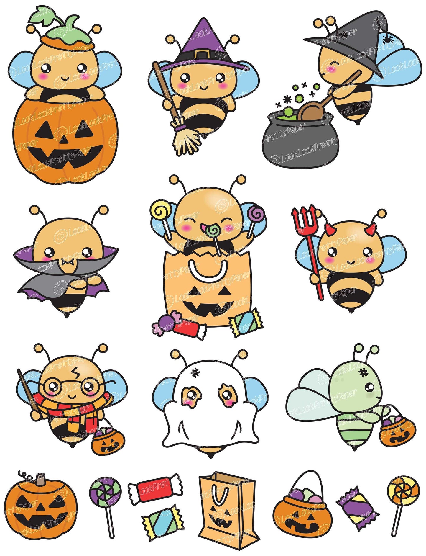 Premium Vector Clipart - Kawaii Halloween Bees - Cute Halloween Bees Clipart Set - High Quality Vectors - Kawaii Halloween Clipart