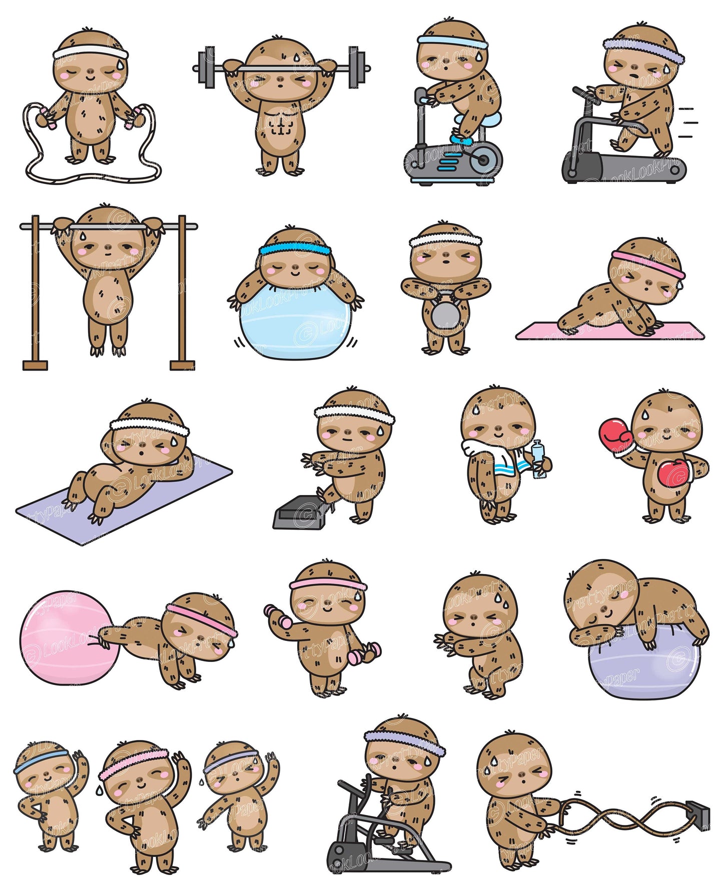 Premium Vector Clipart - Kawaii Workout Sloths - Cute Workout Sloths Clipart Set - High Quality Vectors - Kawaii Workout Clipart