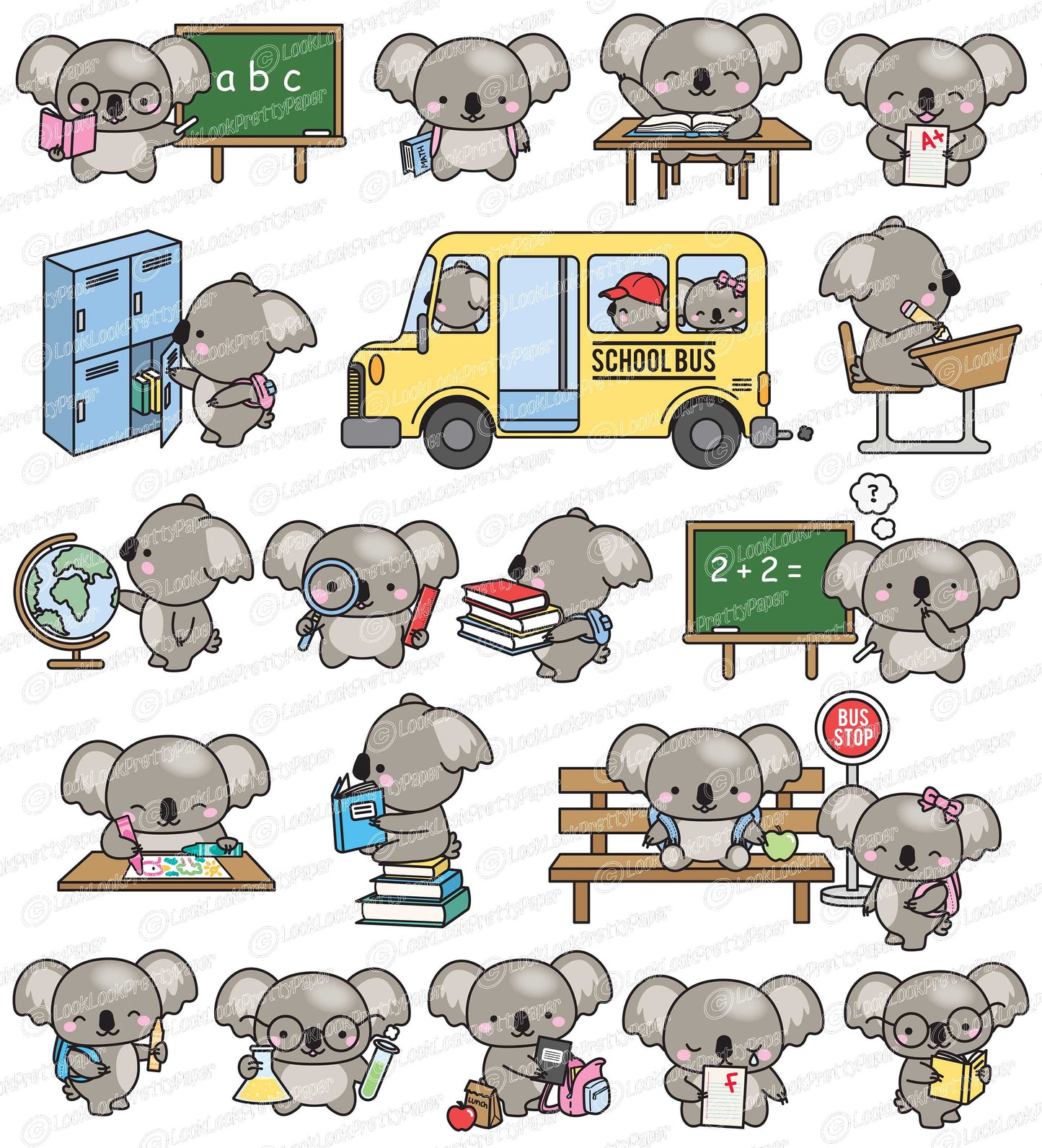 Premium Vector Clipart - Kawaii Koalas Back To School - Cute Koalas Clipart Set - High Quality Vectors - Kawaii School Clipart