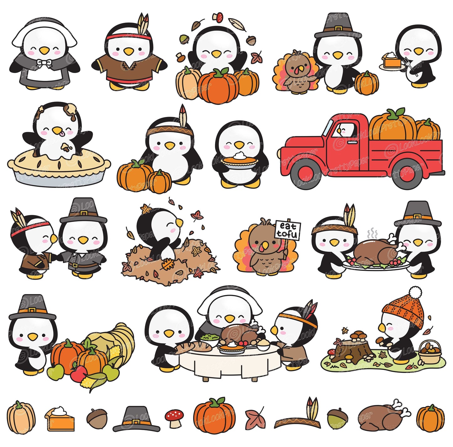 Premium Vector Clipart - Kawaii Thankgiving Penguins - Cute Thangiving Penguins Clipart - High Quality Vectors - Kawaii Thanksgiving Clipart