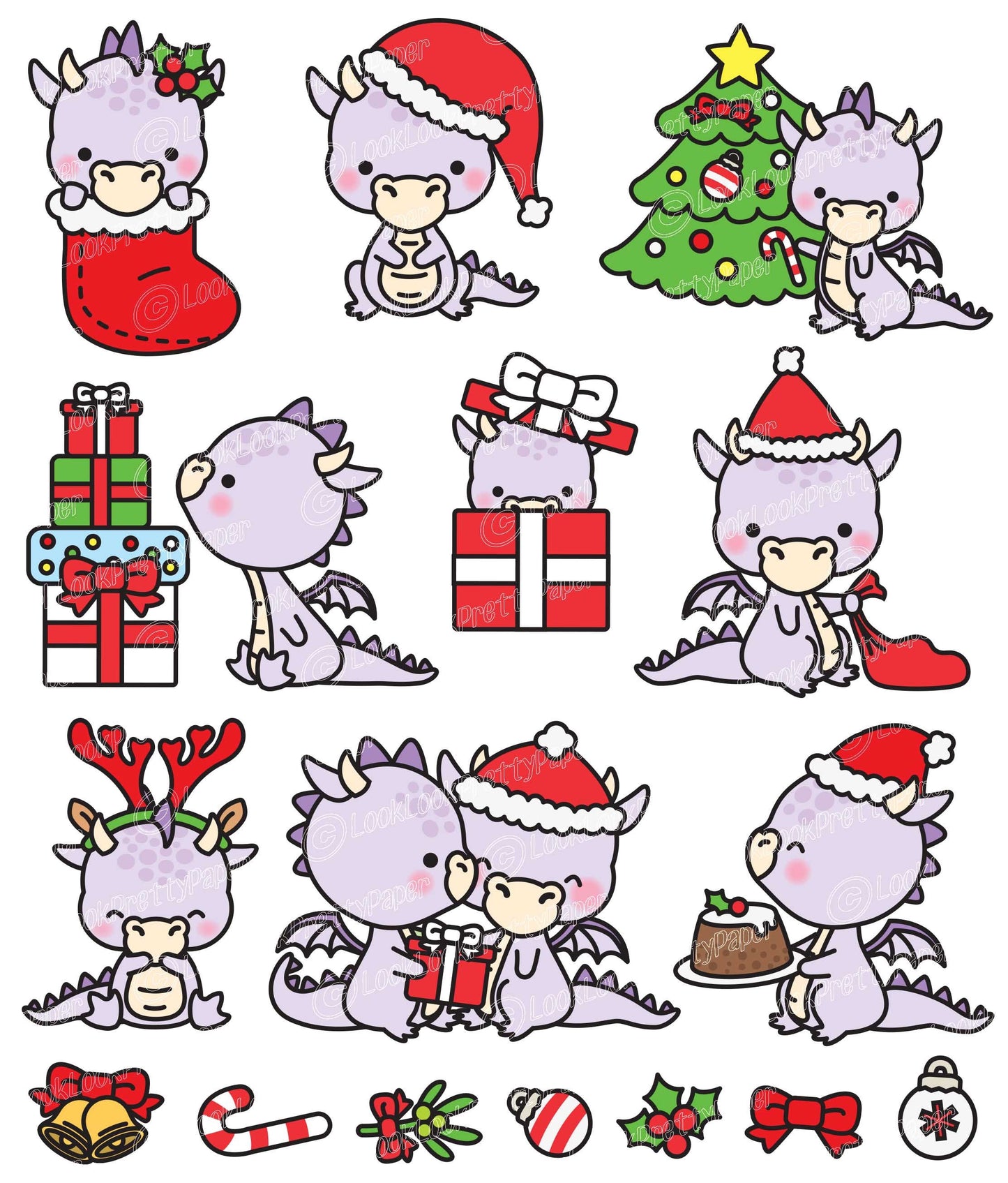 Premium Vector Clipart - Kawaii Purple Christmas Dragons - Cute Christmas Dragons Clipart - High Quality Vectors - Kawaii Christmas Clipart