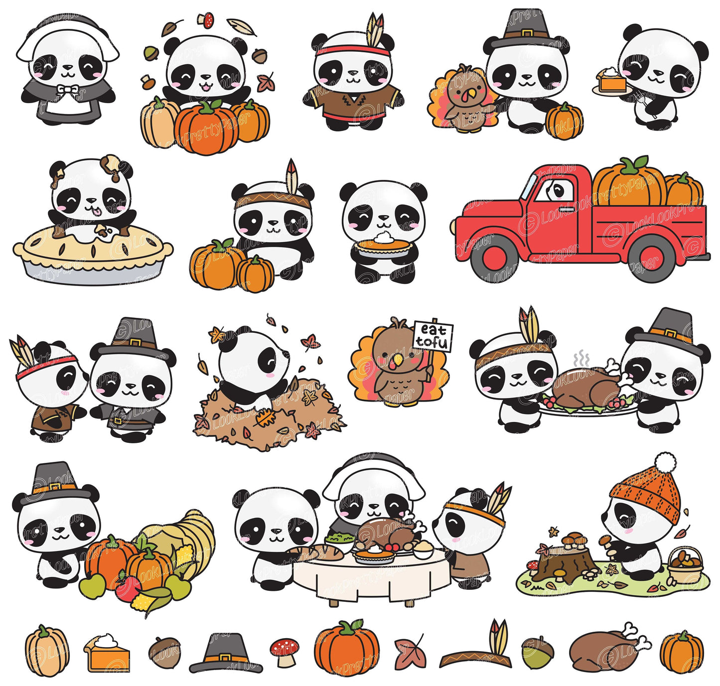 Premium Vector Clipart - Kawaii Thankgiving Pandas - Cute Thangiving Pandas Clipart - High Quality Vectors - Kawaii Thanksgiving Clipart