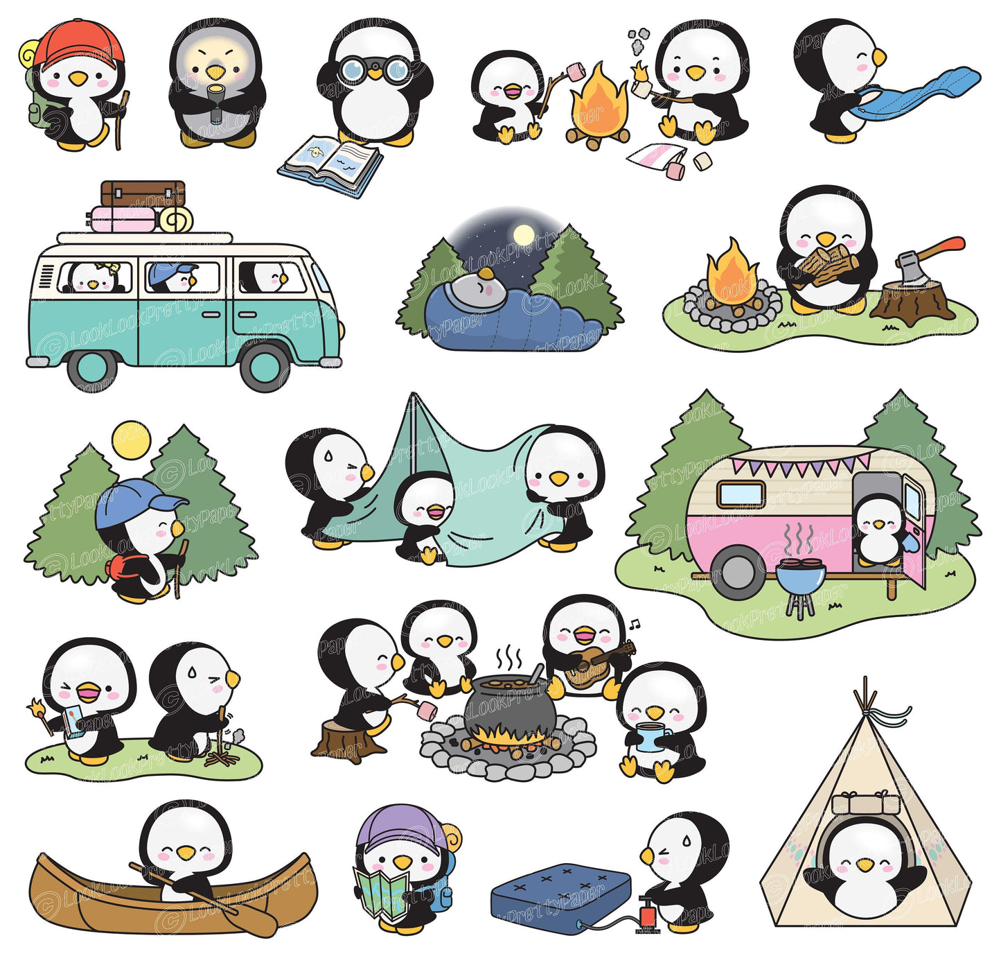 Premium Vector Clipart - Kawaii Penguin - Cute Penguin Camping Clipart Set - Instant Download - Kawaii Clipart