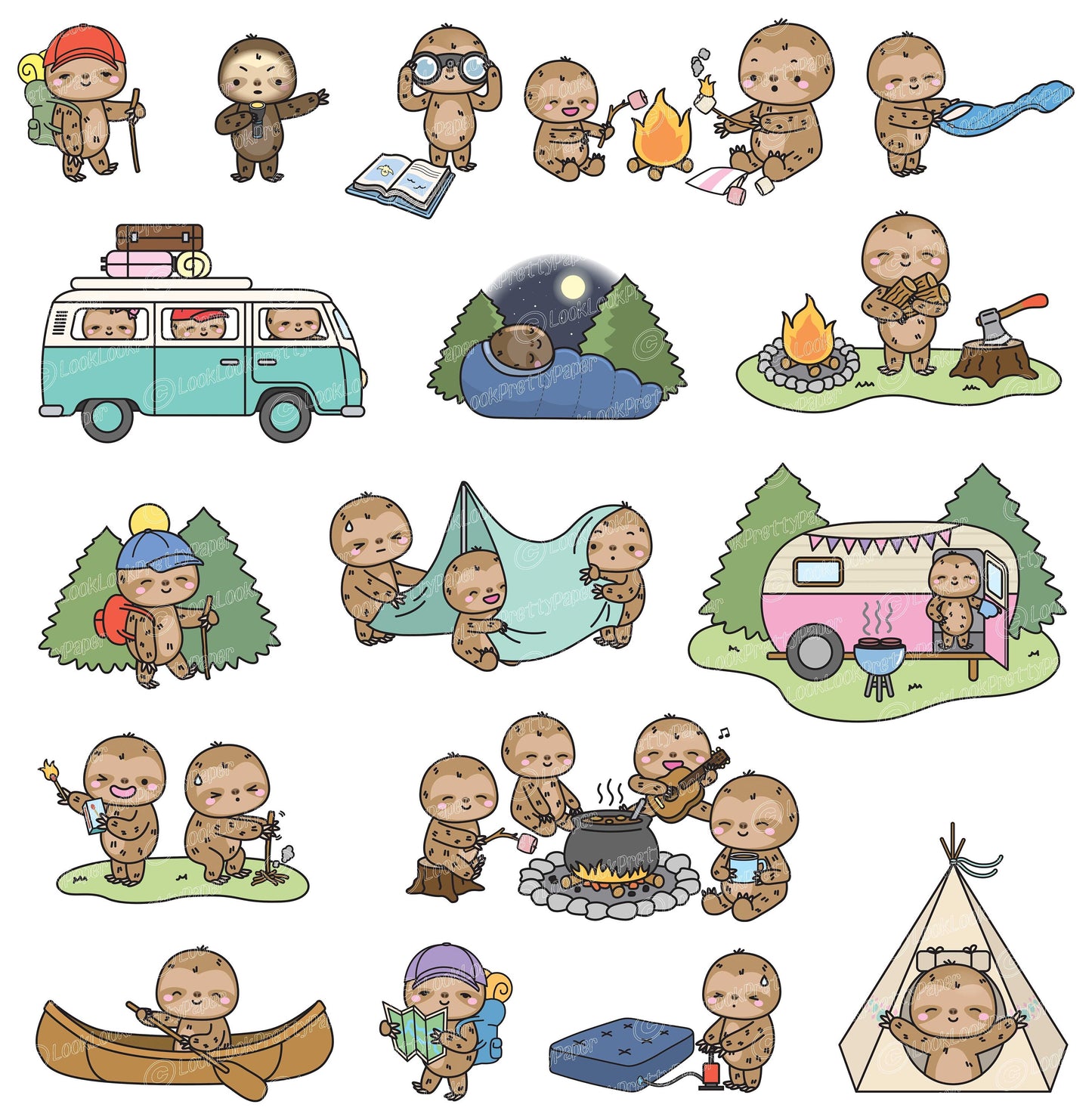 Premium Vector Clipart - Kawaii Sloth - Cute Sloth Camping Clipart Set - Instant Download - Kawaii Clipart