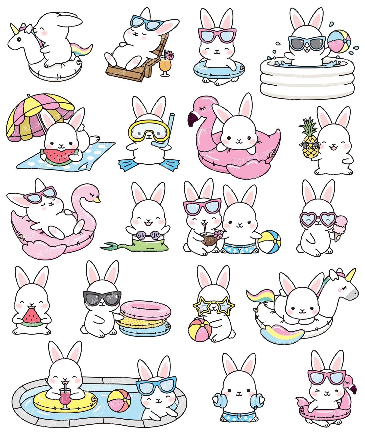 Premium Vector Clipart - Kawaii Bunny - Cute Bunny Pool Party Clipart - Pool Party - Instant Download - Kawaii Clipart