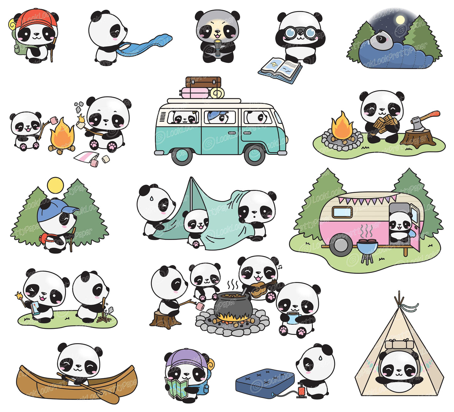 Premium Vector Clipart - Kawaii Panda - Cute Panda Camping Clipart Set - Instant Download - Kawaii Clipart