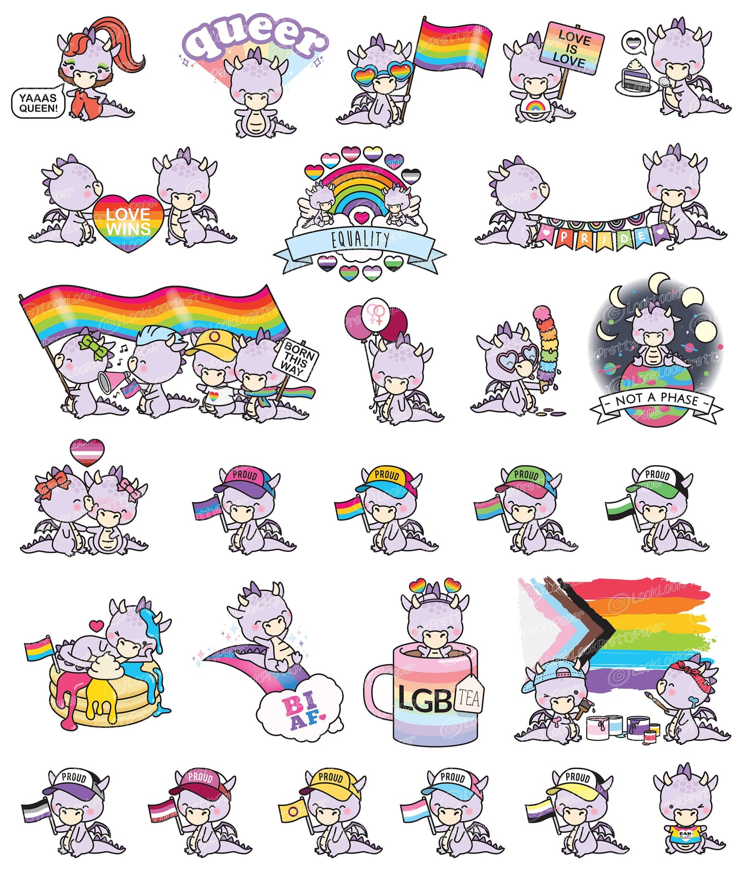 Premium Vector Clipart - Kawaii LGBTQ Pride Purple Dragon - Cute Dragon Queer Pride Clipart - Instant Download - Kawaii Clipart