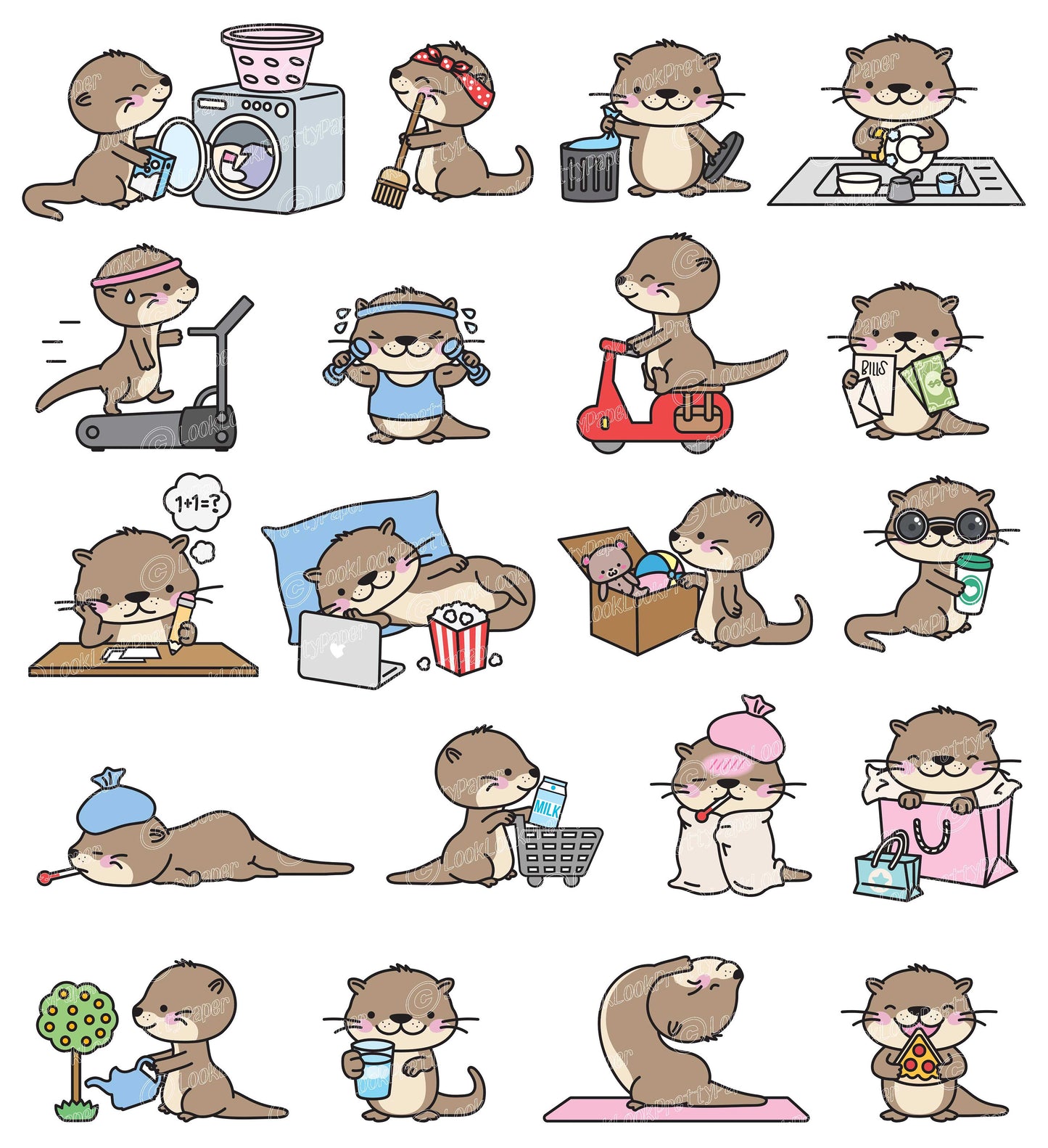 Premium Vector Clipart - Kawaii Otter - Cute Otters Planning Clipart - Getting Stuff Done - Instant Download - Kawaii Clipart