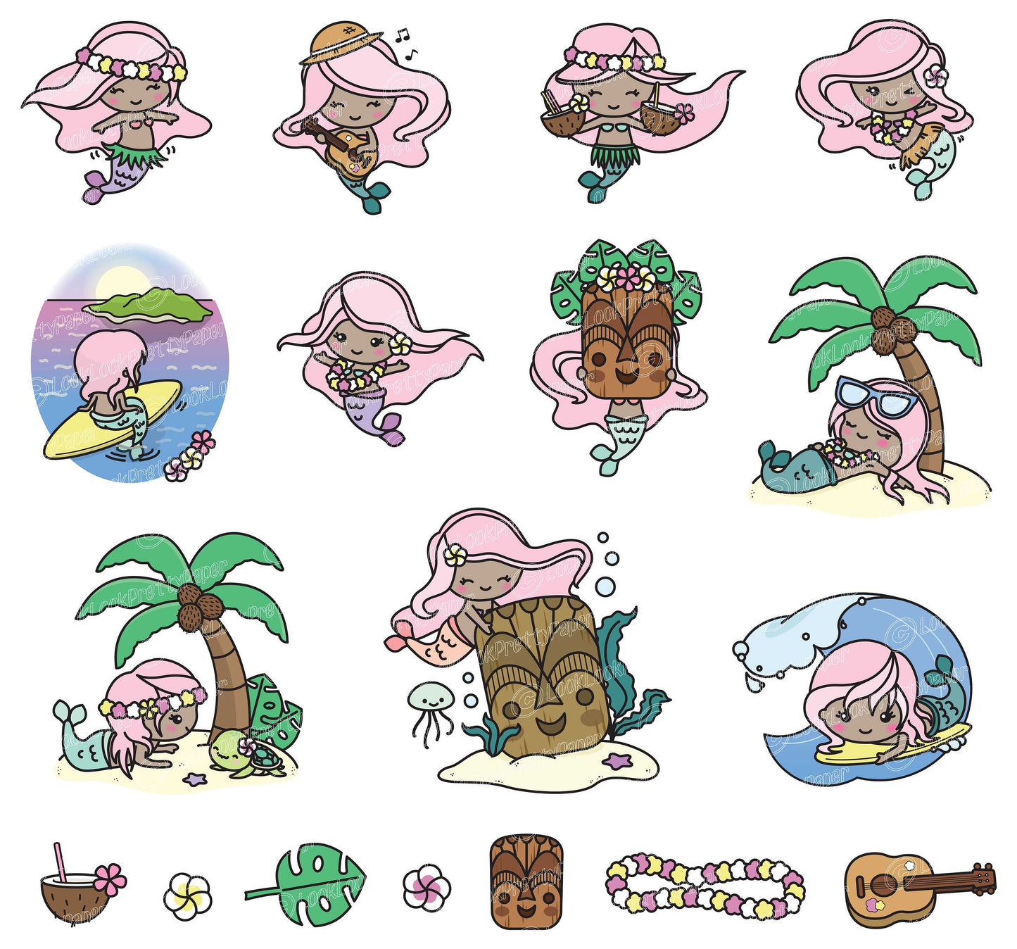 Premium Vector Clipart - Kawaii Mermaid - Cute Mermaid in Hawaii Clipart - Hawaii - Instant Download - Kawaii Clipart